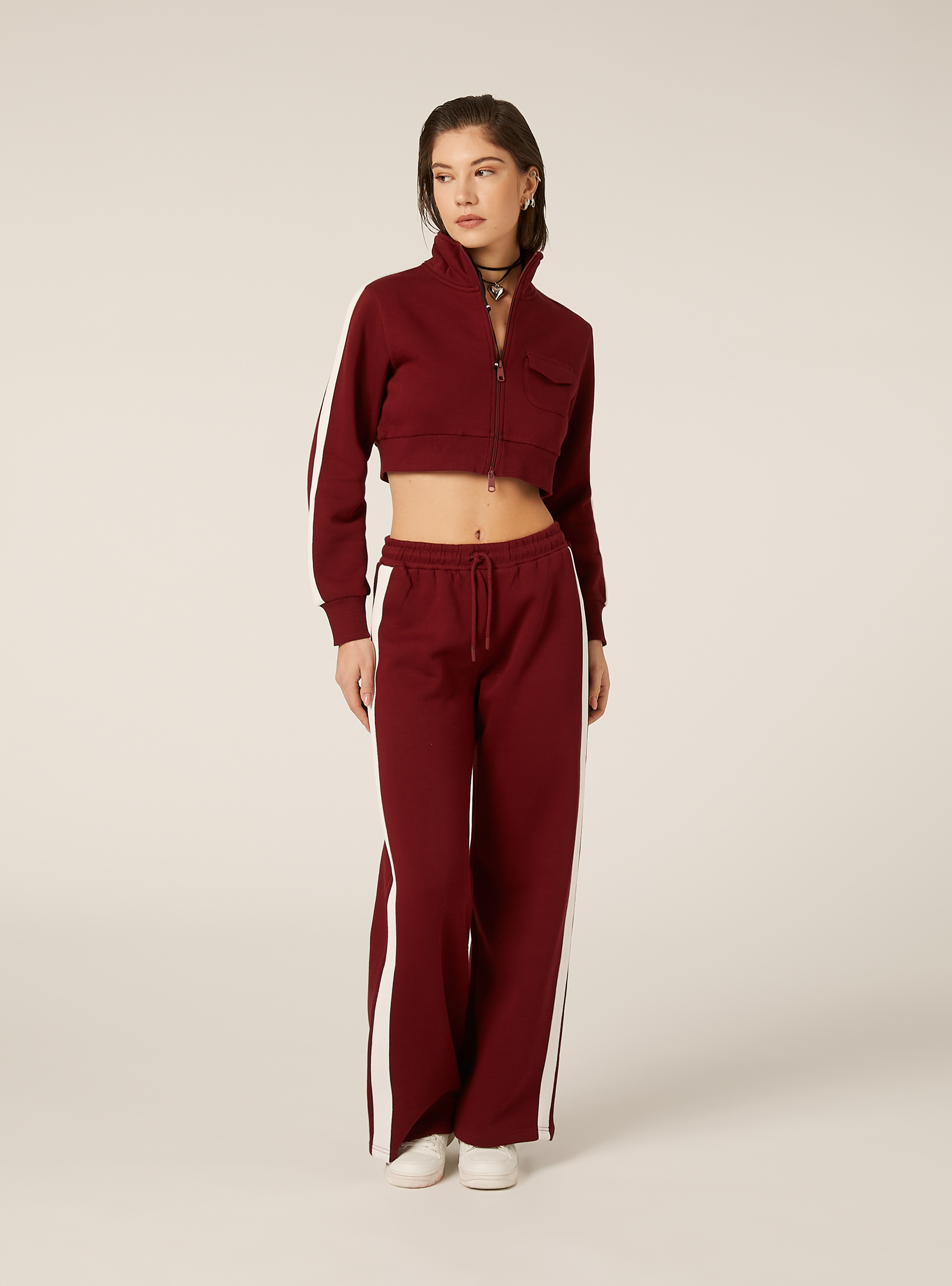 Pantaloni wide leg con bande laterali, BO1 BORDEAUX DARK