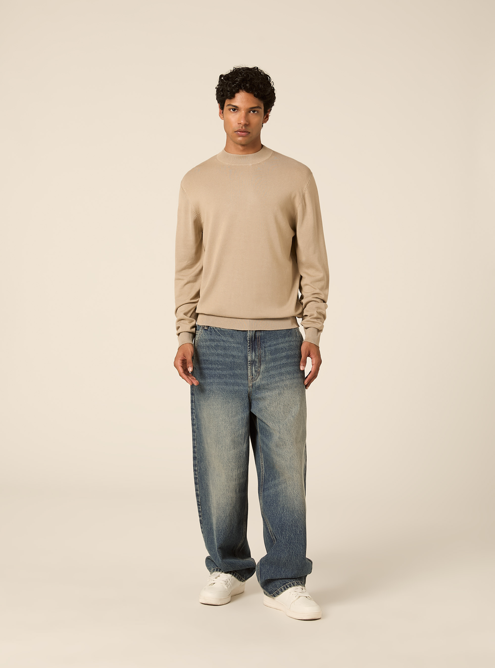 Maglia mezzocollo rasata, BEIGE MEDIO