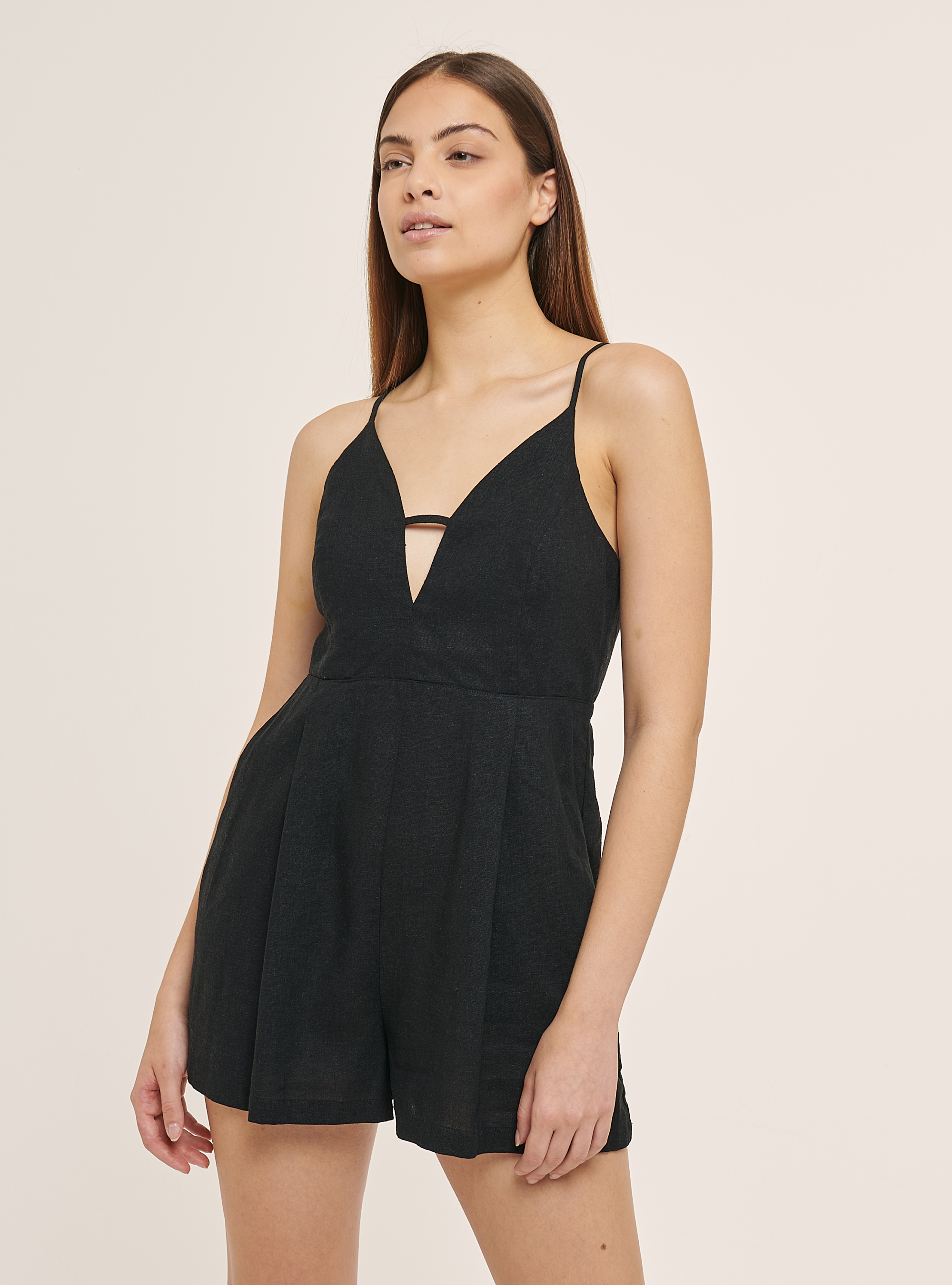 Short jumpsuit with braces, BLACK
