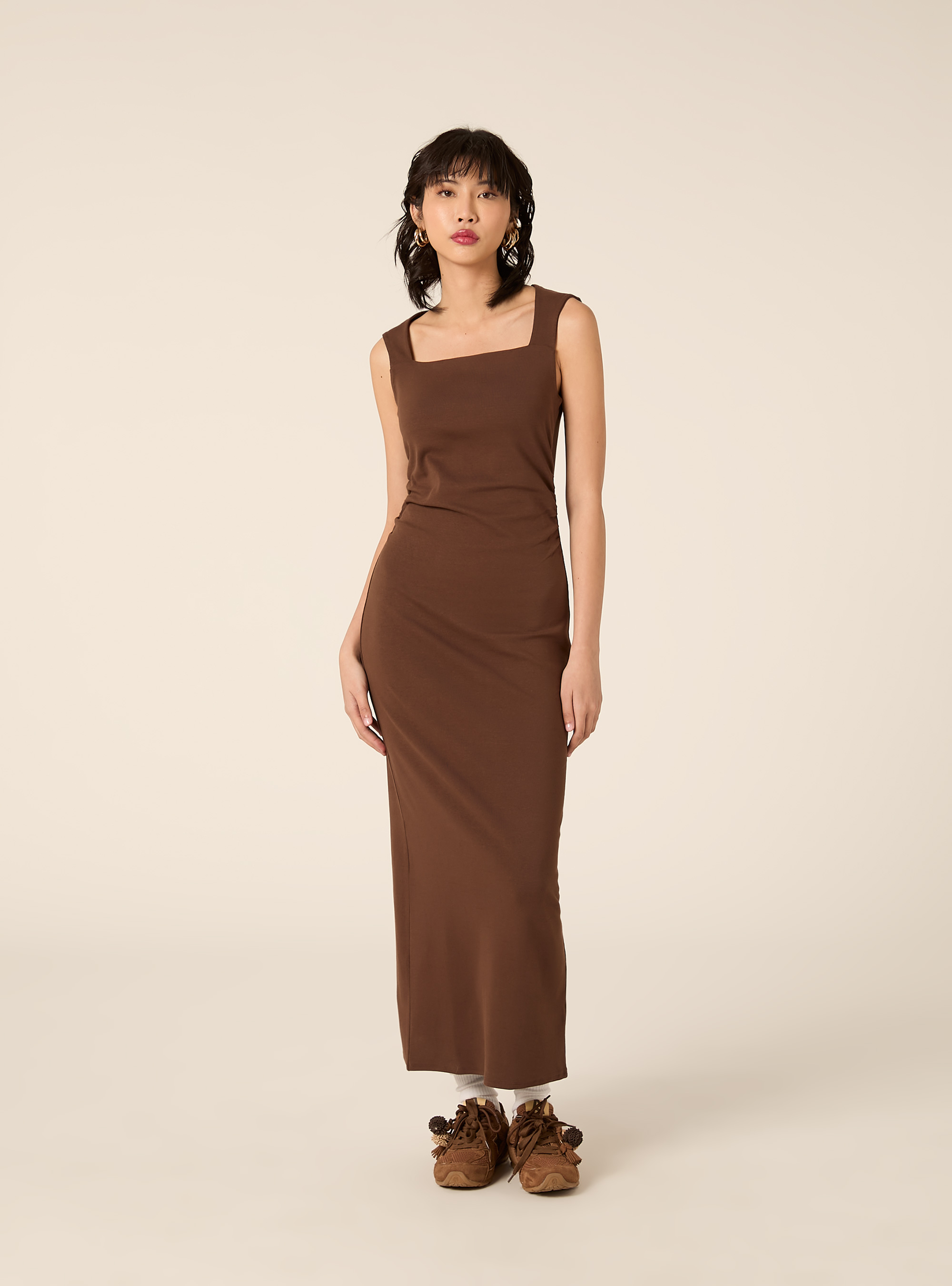 Vestito midi scollo quadrato, BR2 BROWN MEDIUM