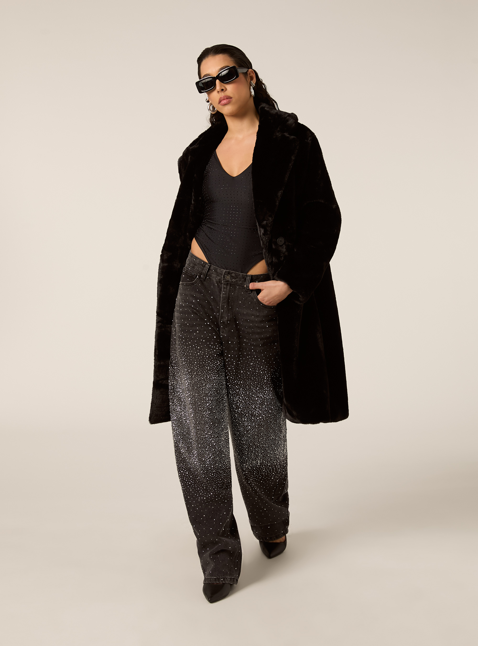 Cappotto in pelliccia sintetica, BK1 BLACK