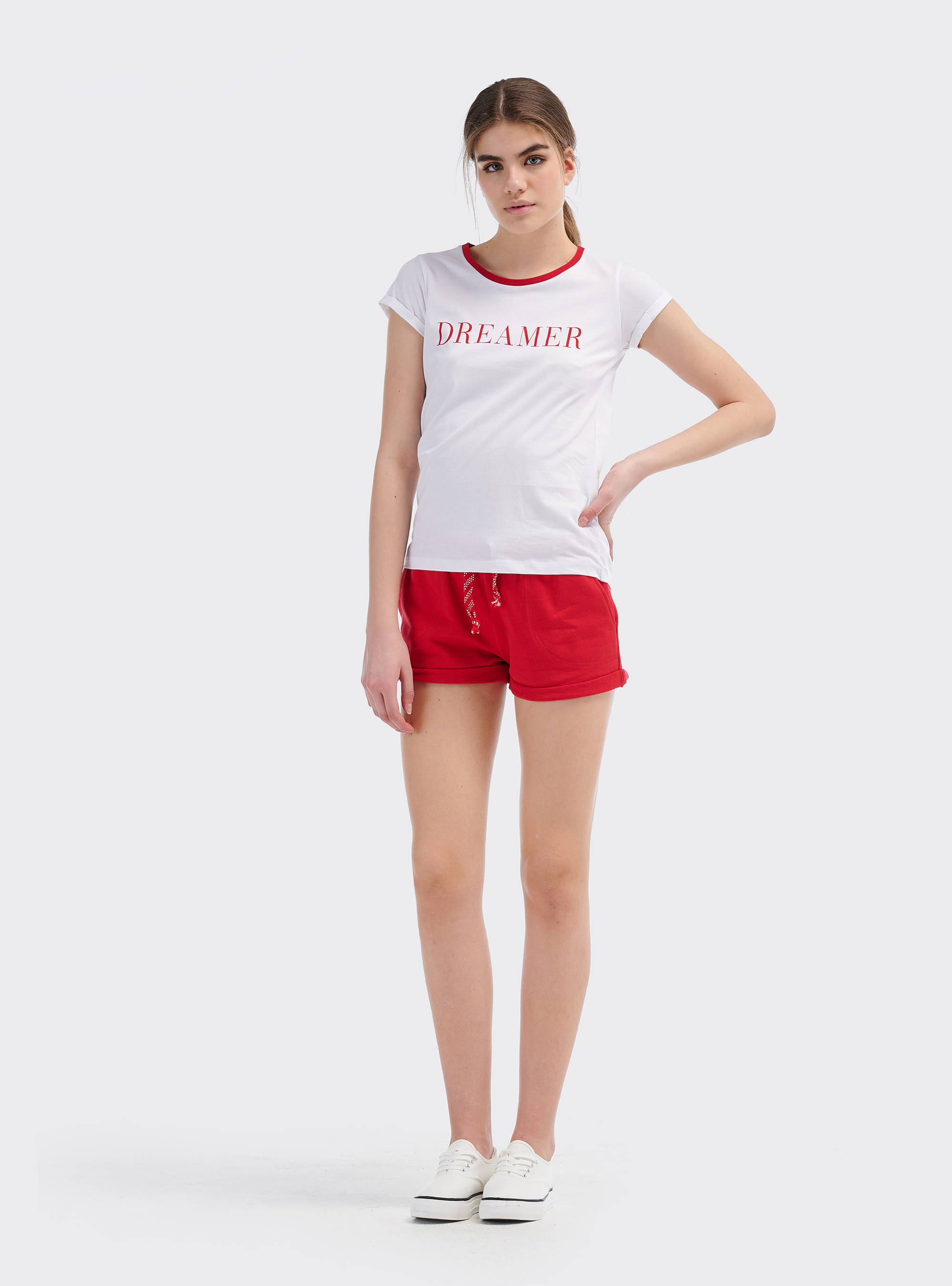 Maglietta con stampa e bordi a contrasto in cotone combed, BIANCO