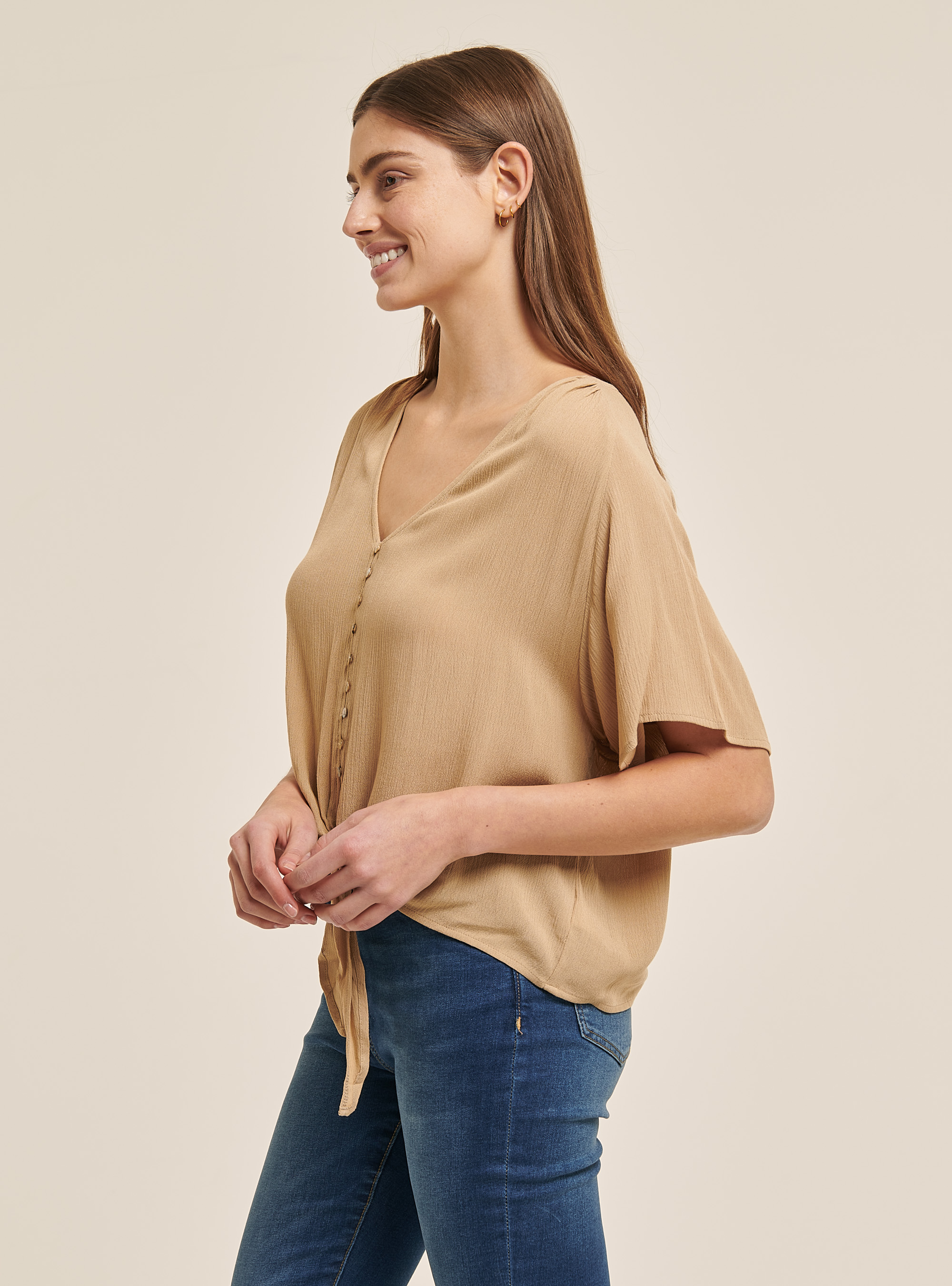 Chemisier col v couleur unie, C4505 BEIGE