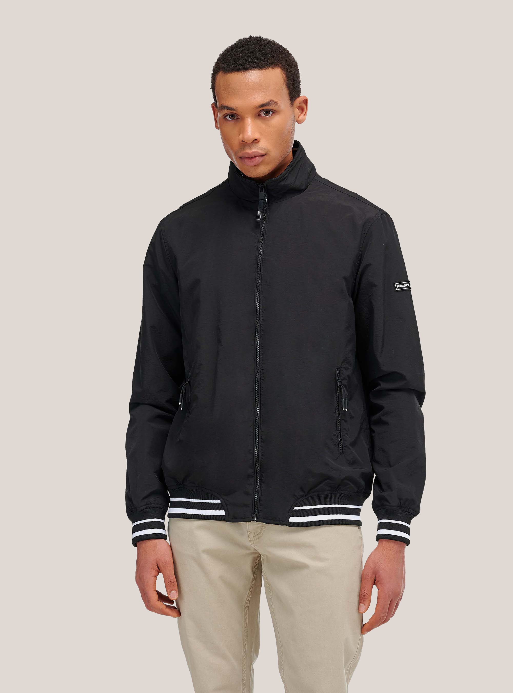 Blouson aviateur en nylon avec d&eacute;tails ray&eacute;s, C101 BLACK
