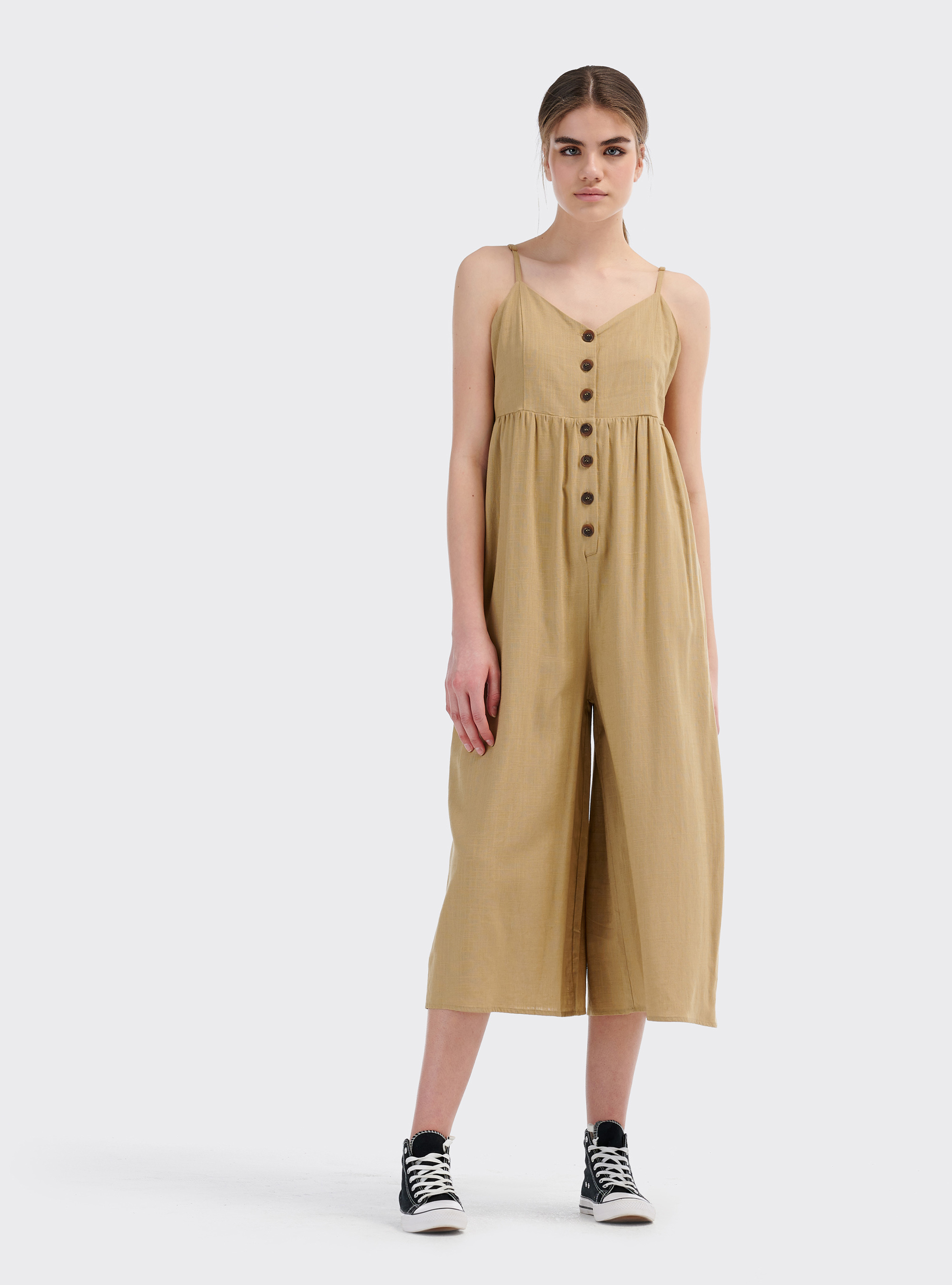 Tuta lunga in misto lino con gamba ampia e bottoncini sul front, BEIGE