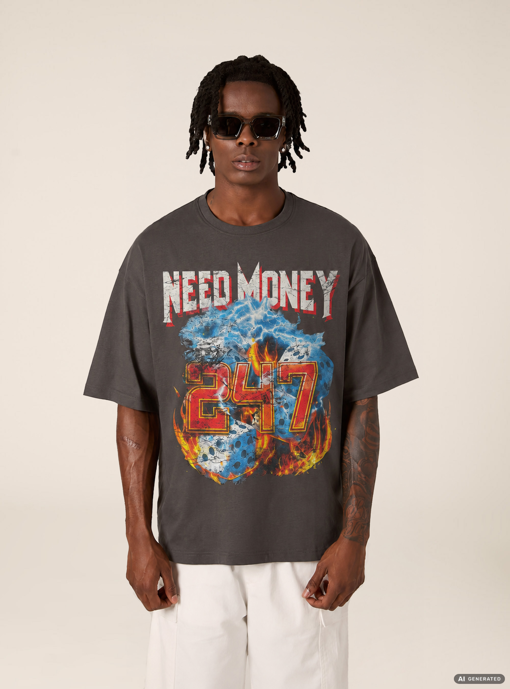 T-shirt  stampa need money 247, GY1 GREY DARK
