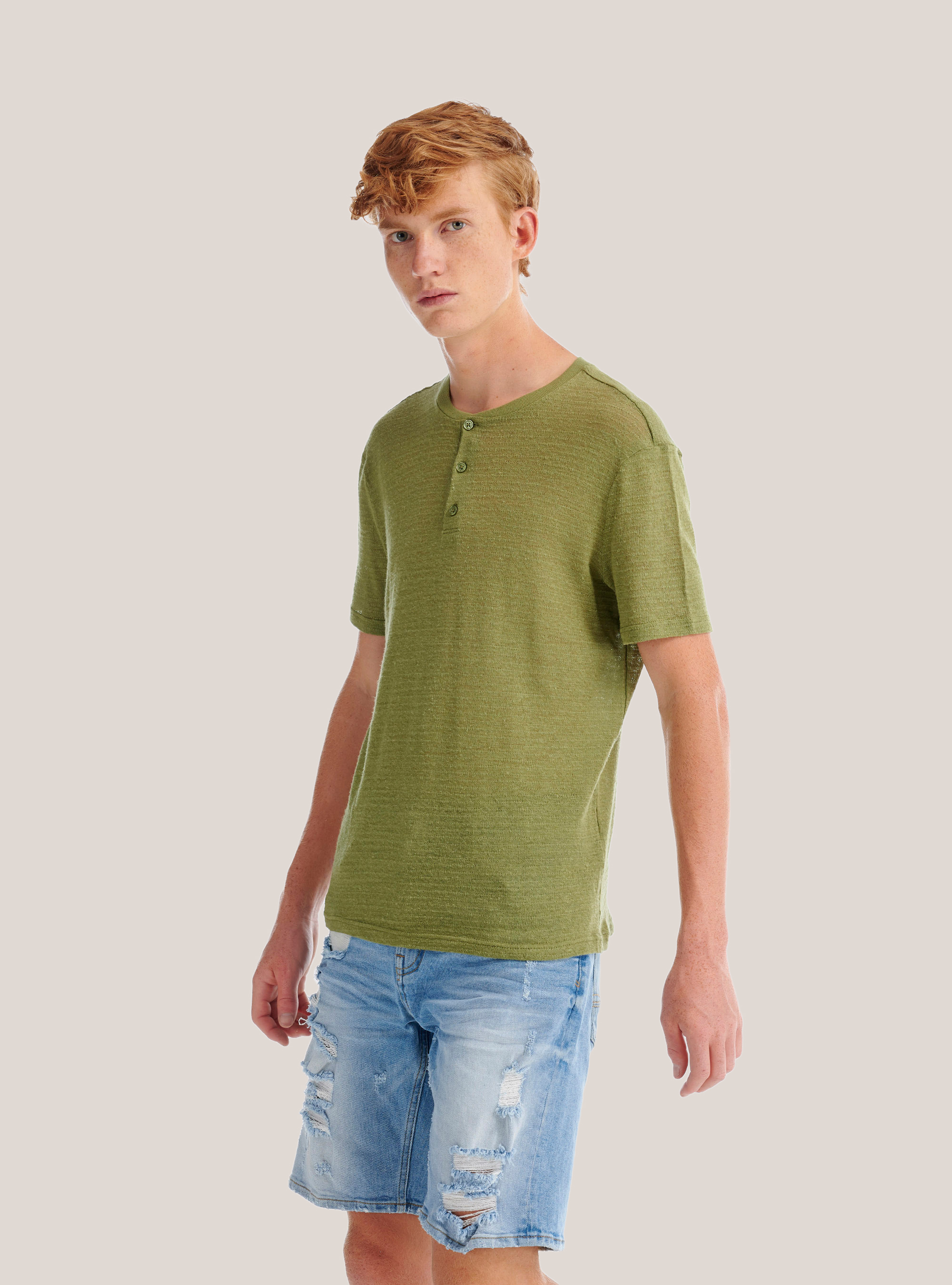 Maglietta serafino in misto lino, C0606 KAKY