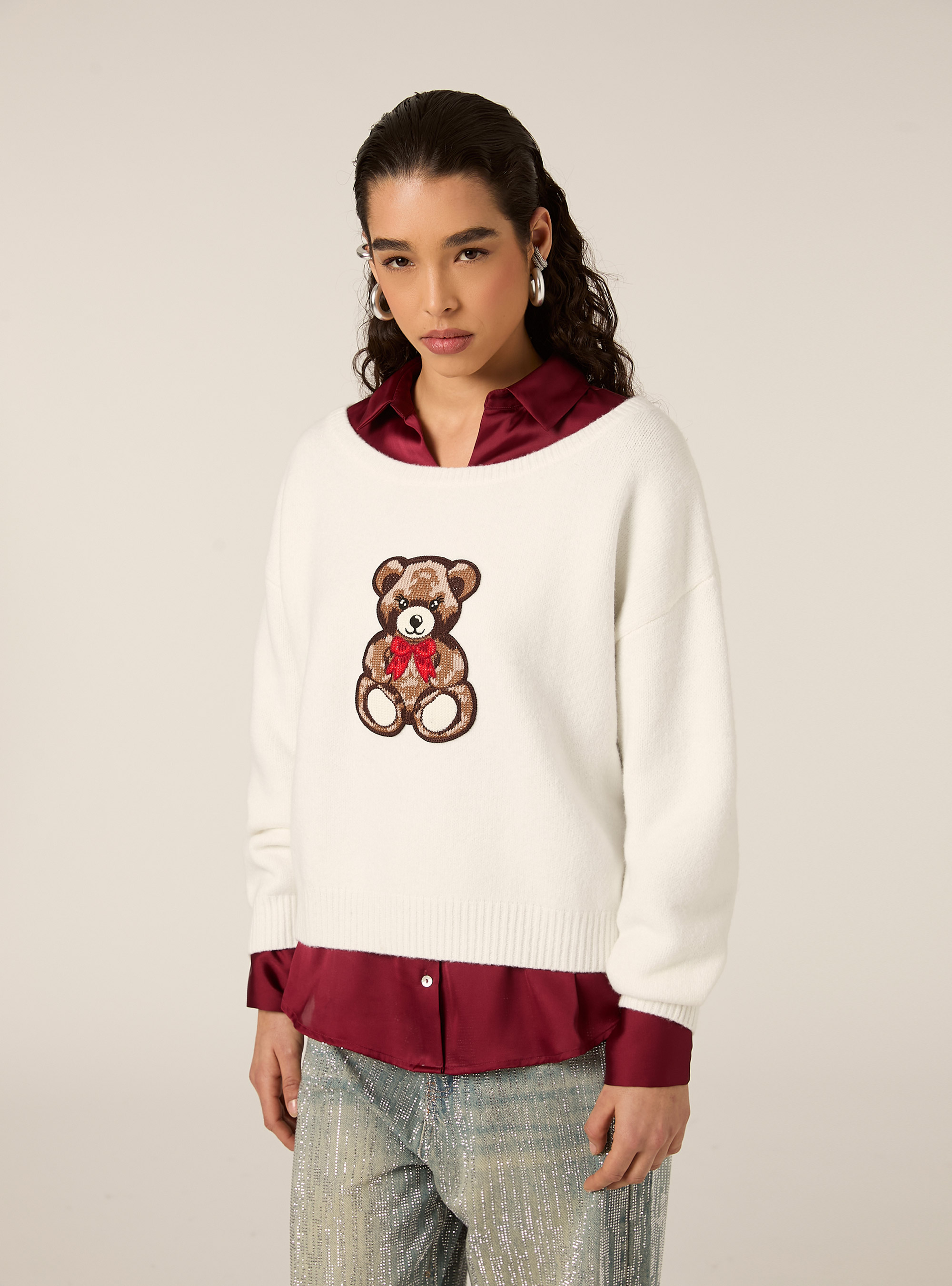 Maglia scollo asimmetrico con teddy, WH2 WHITE