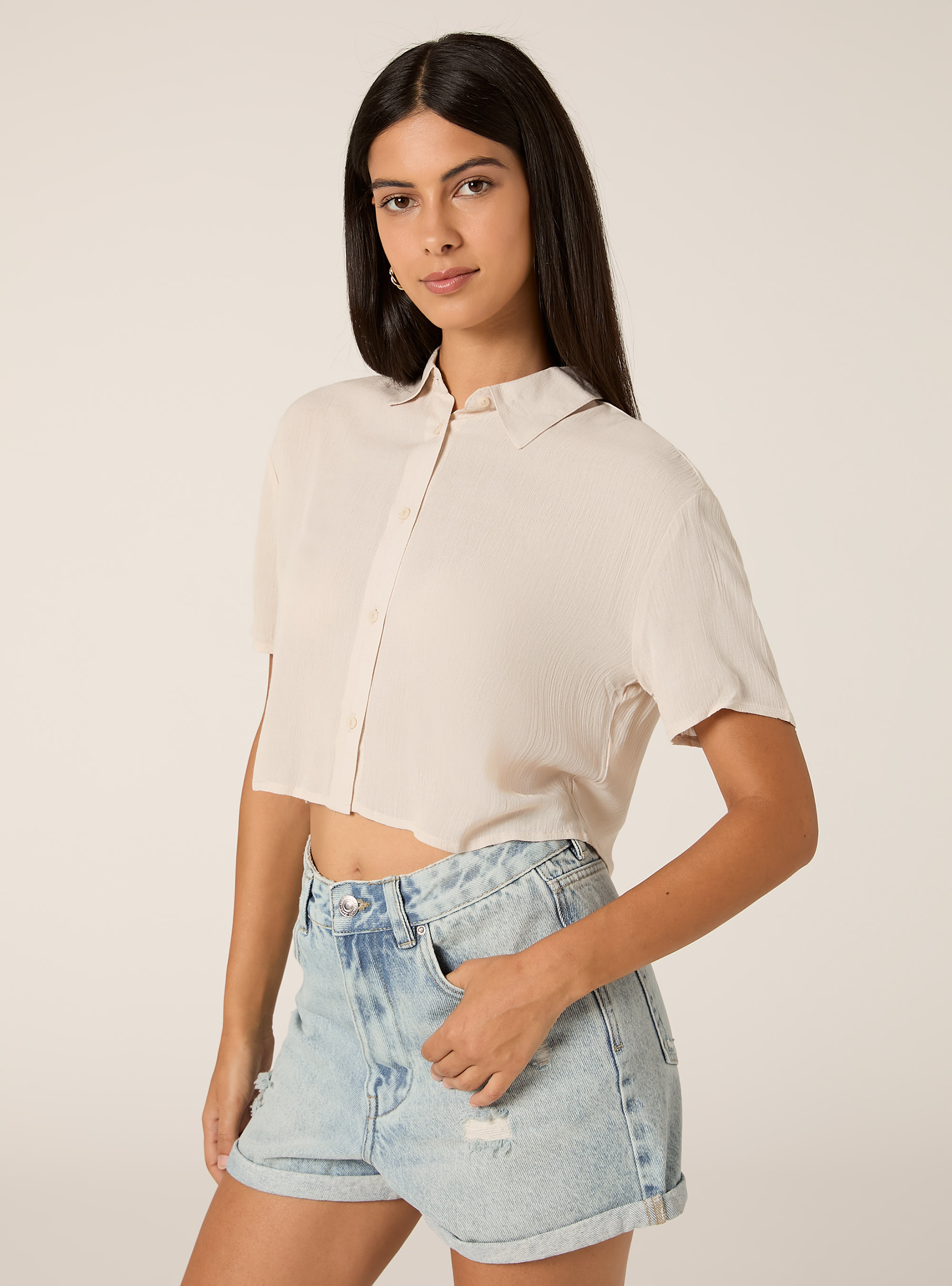 Cropped crepe shirt, BG3 BEIGE LIGHT
