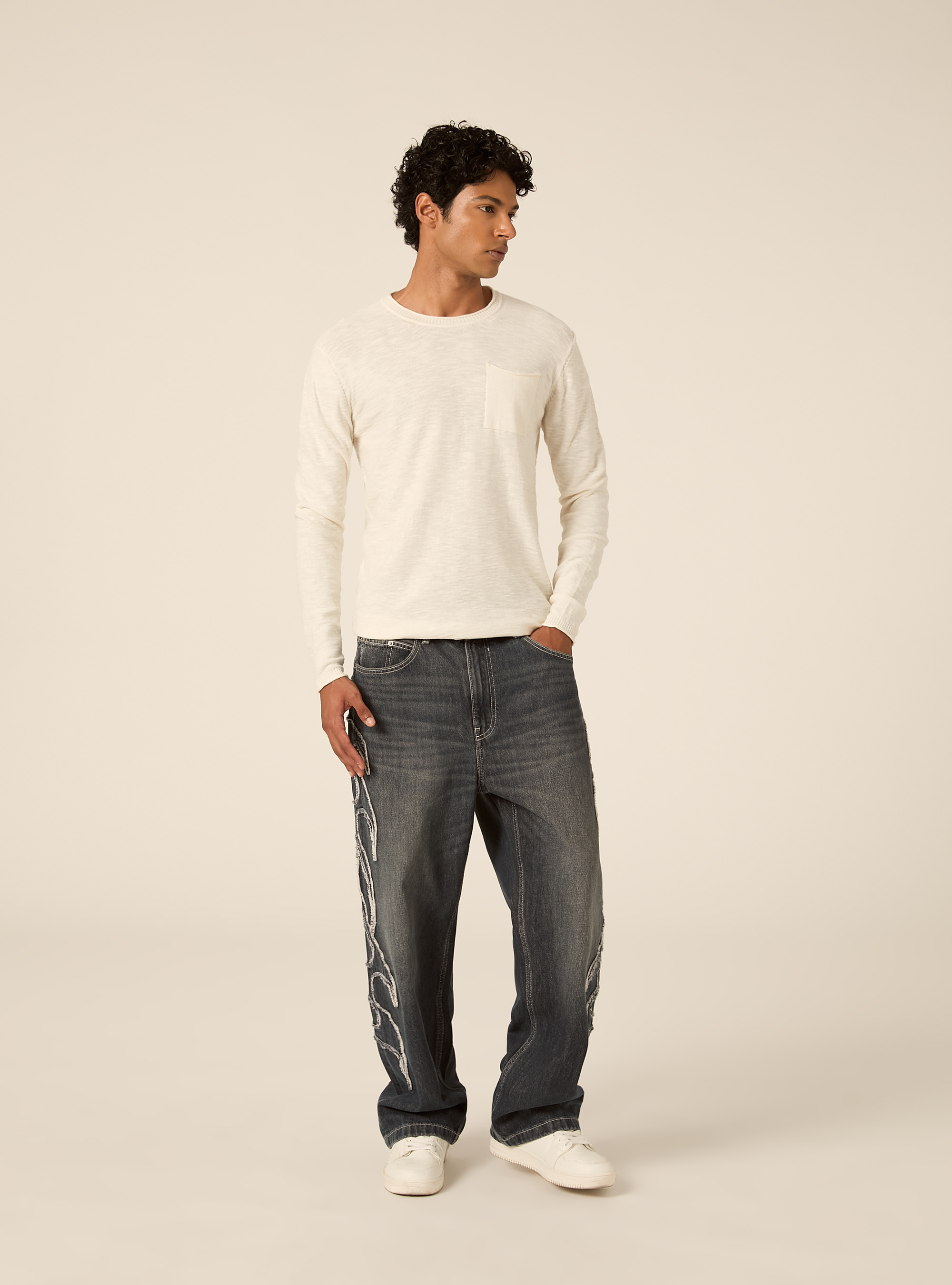 Pullover  in cotone slub, OFF WHITE