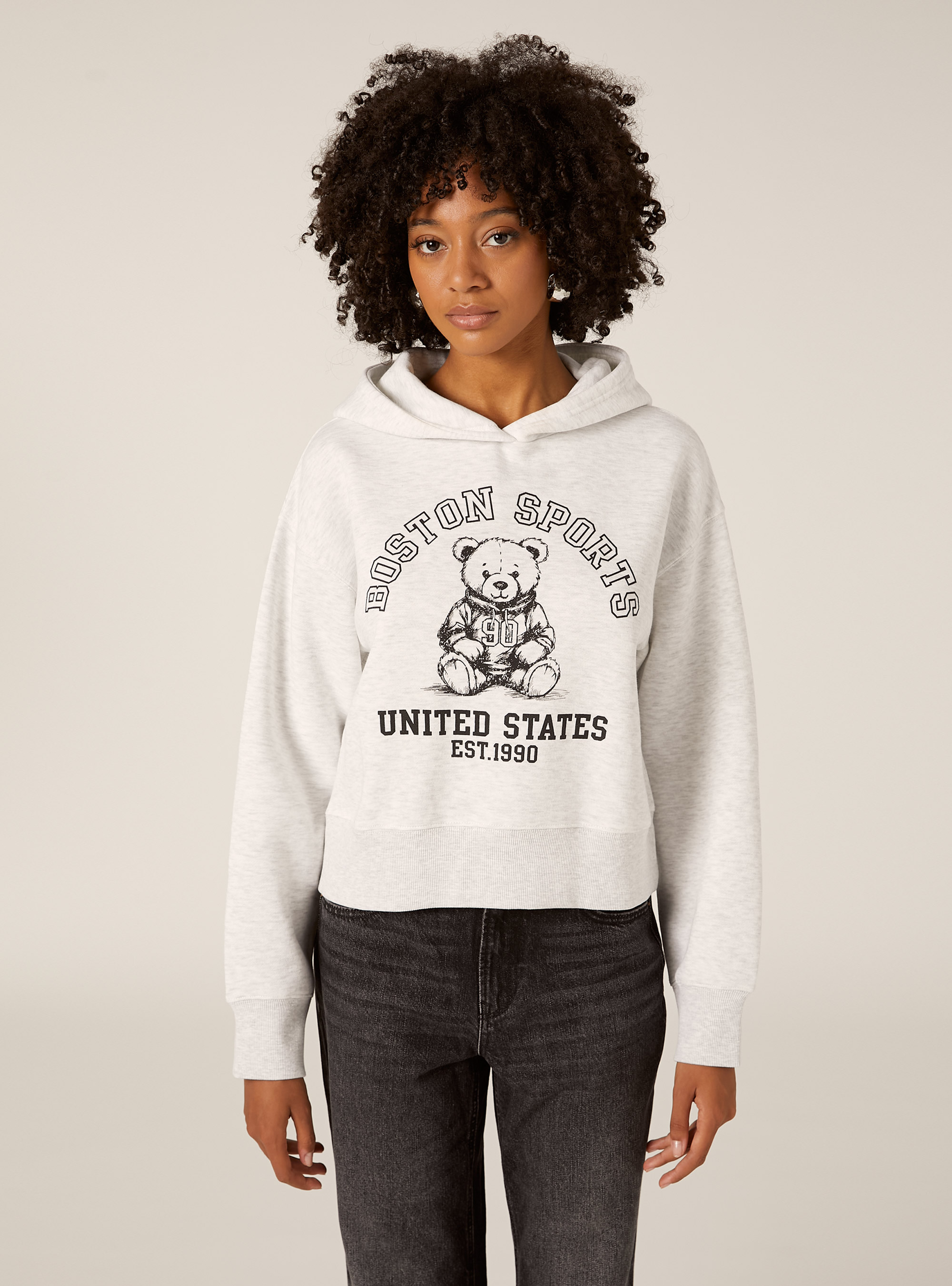 Felpa boxy cappuccio con stampa teddy, MGY3 GREY MEL LIGHT