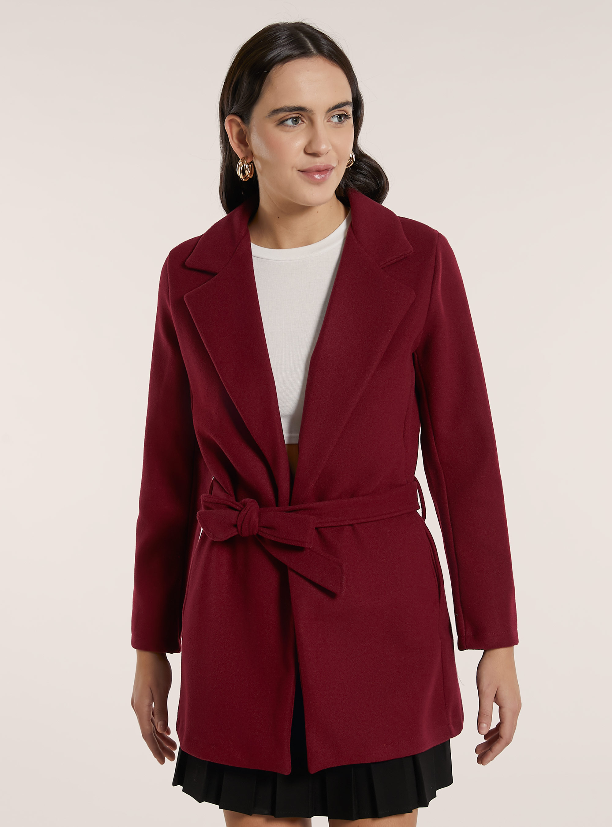Cappotto in panno con cintura, RD1 RED DARK