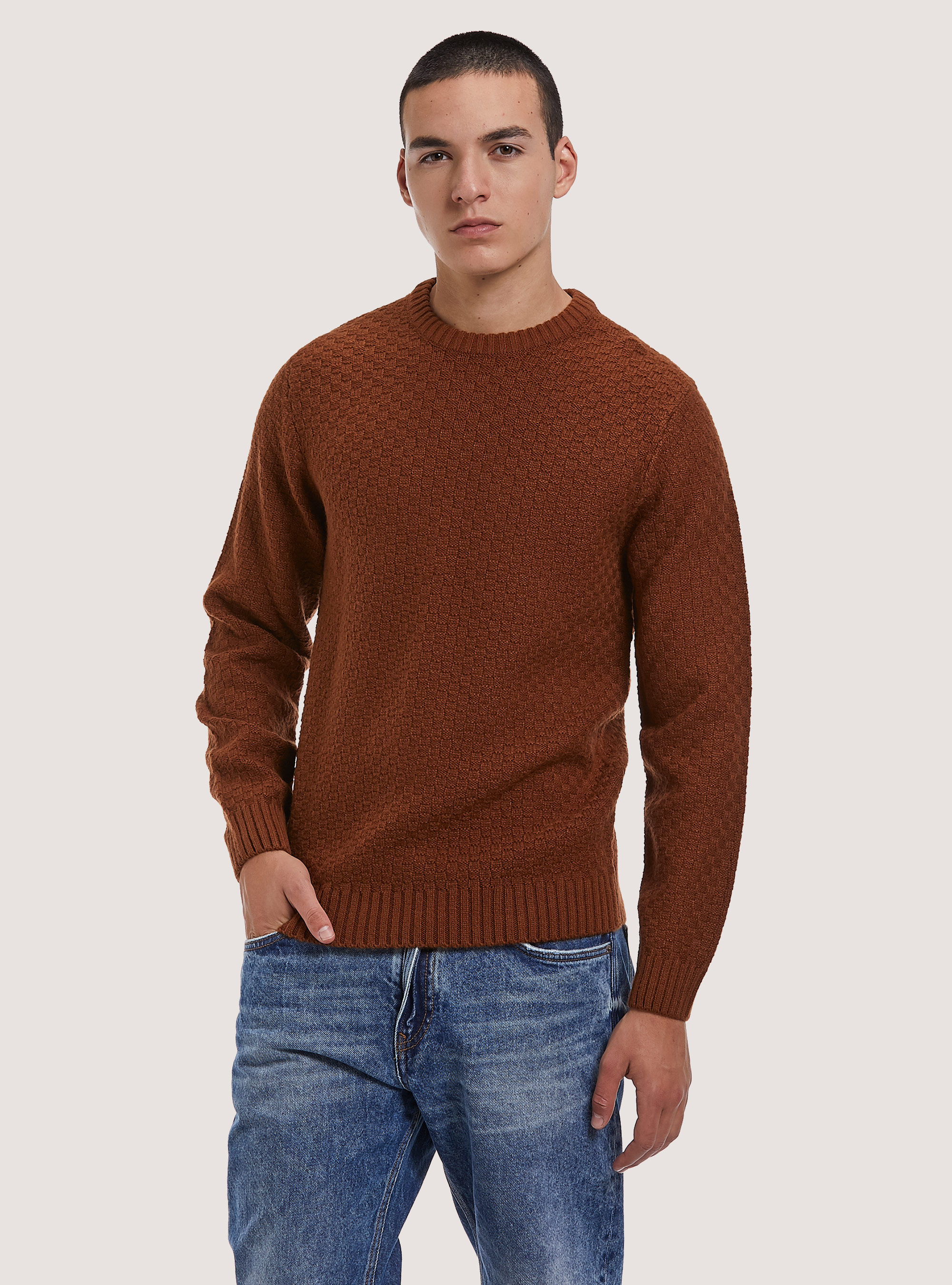 Pullover caldo con texture geometrica, TB1 TOBACCO DARK