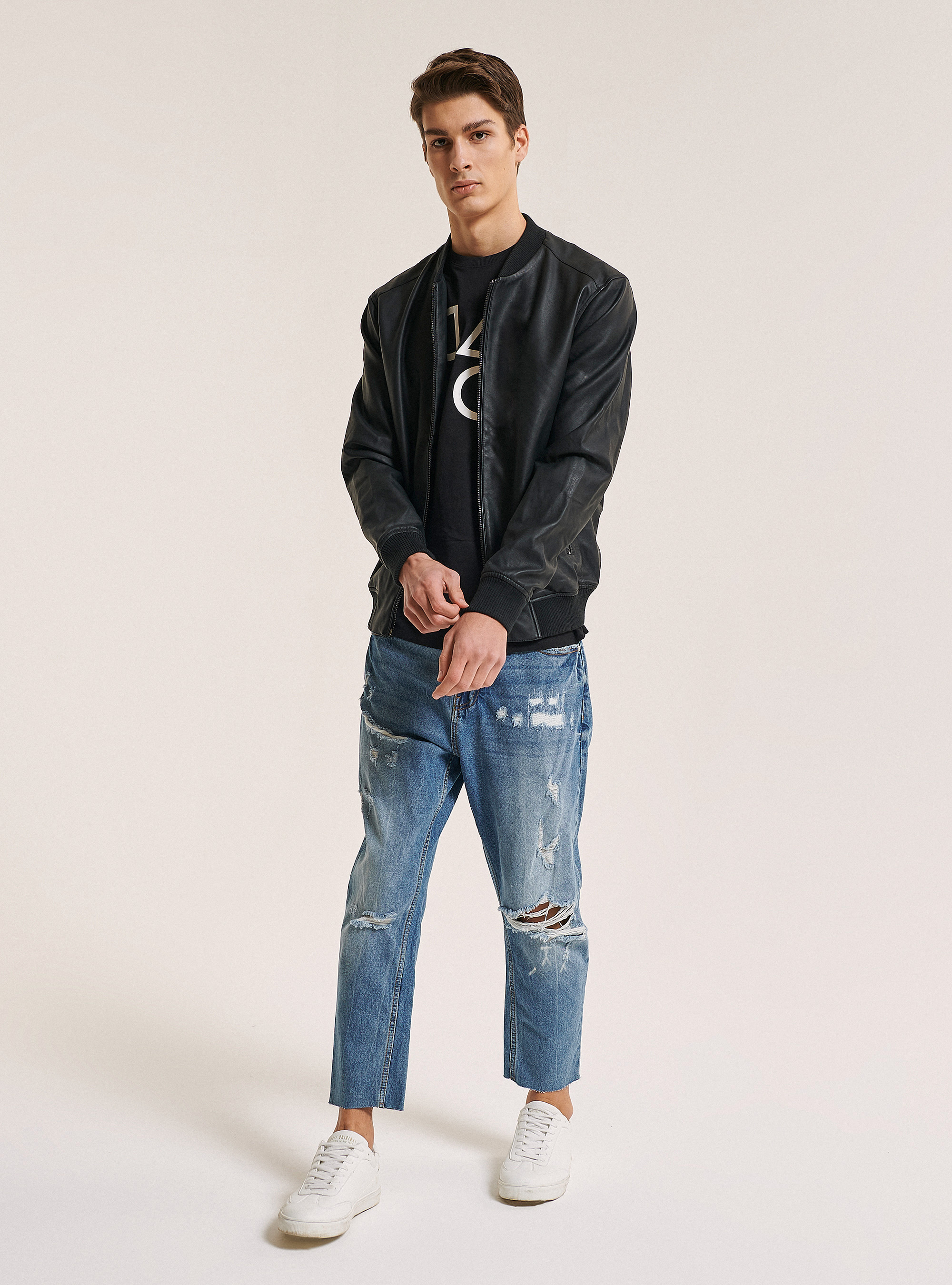 Faux leather bomber jacket, BLACK