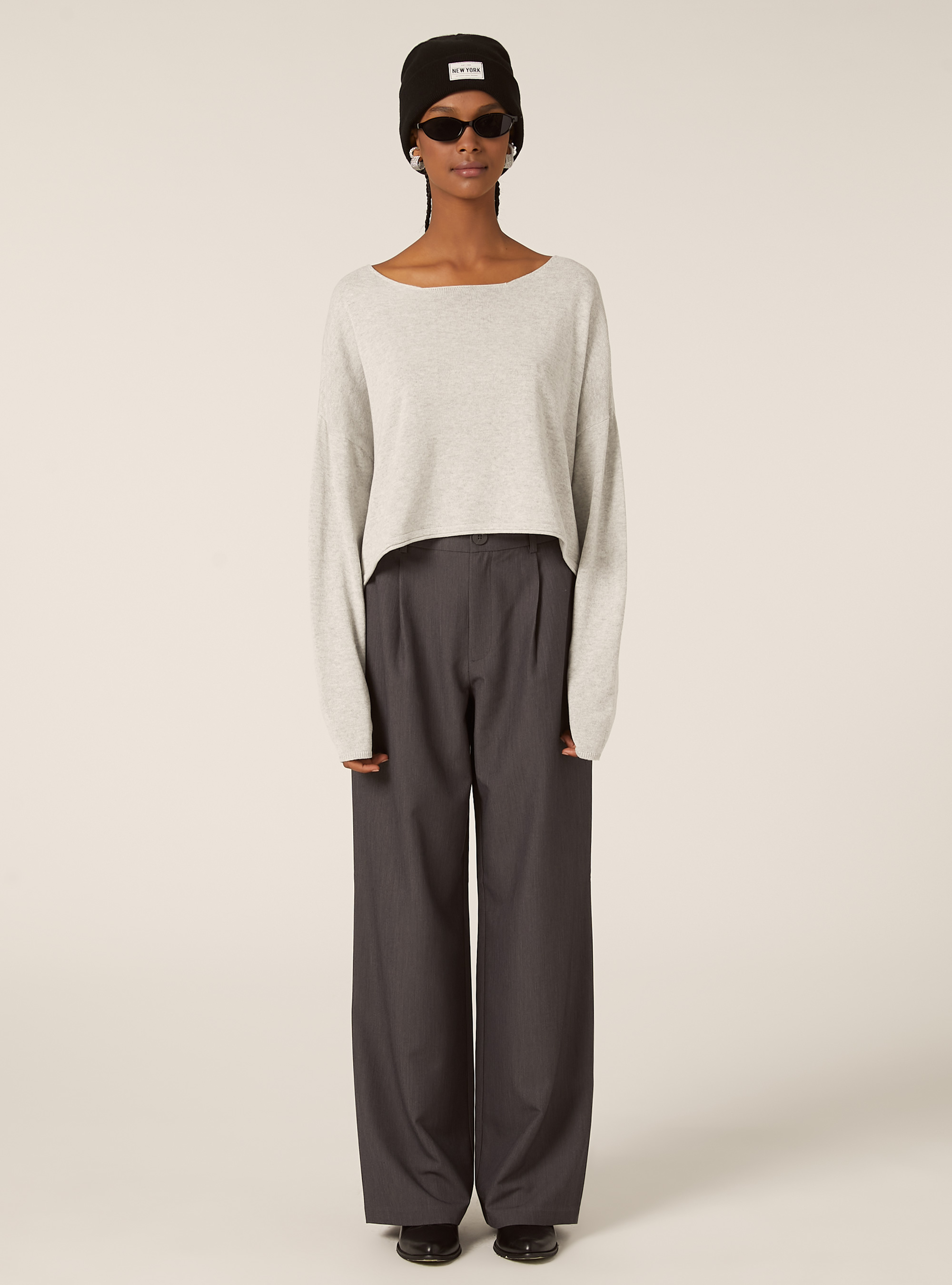 Pull &agrave; encolure bateau en coton doux, MGY3 GREY MEL LIGHT