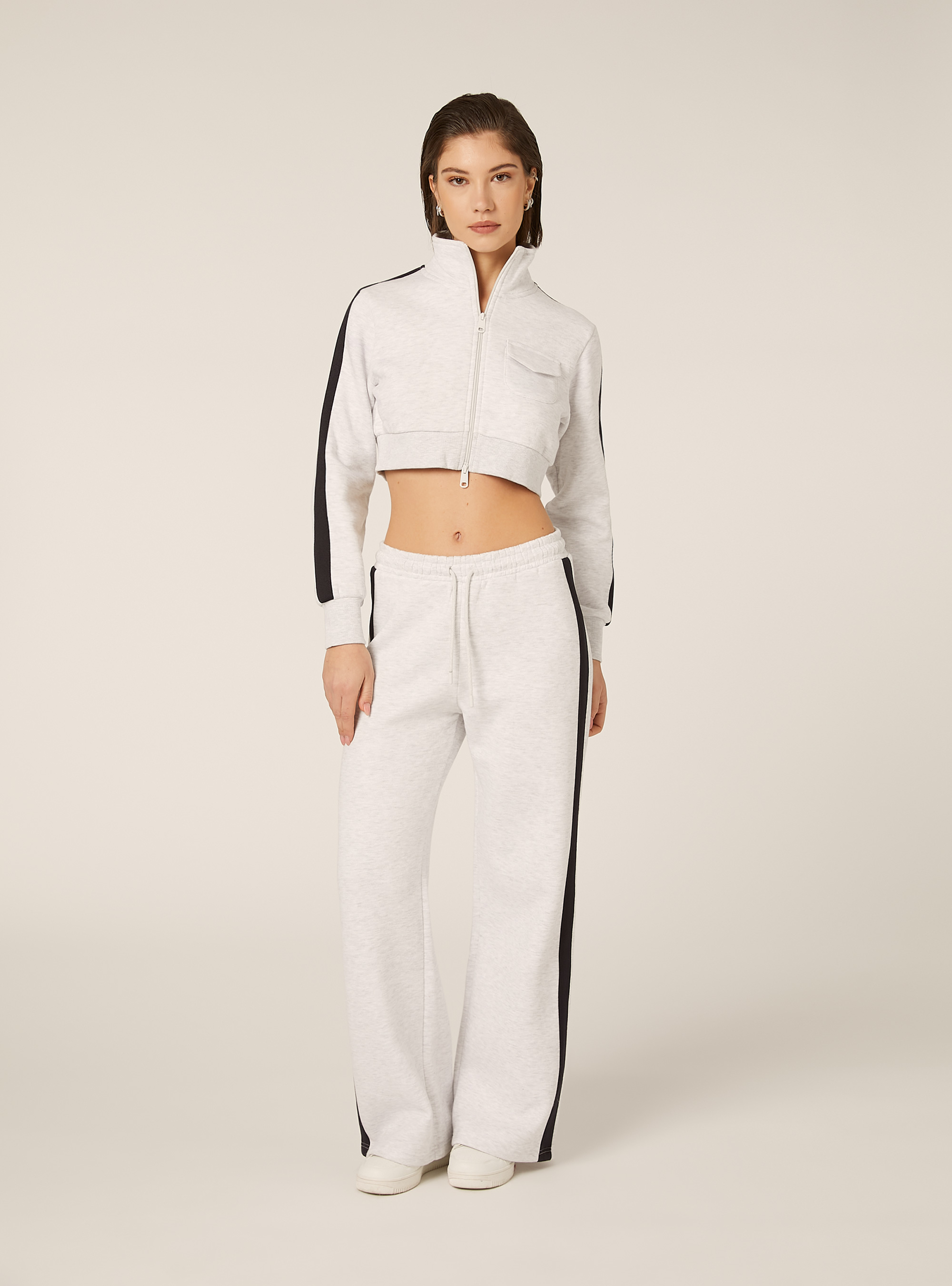 Felpa cropped zip con bande laterali, MGY3 GREY MEL LIGHT