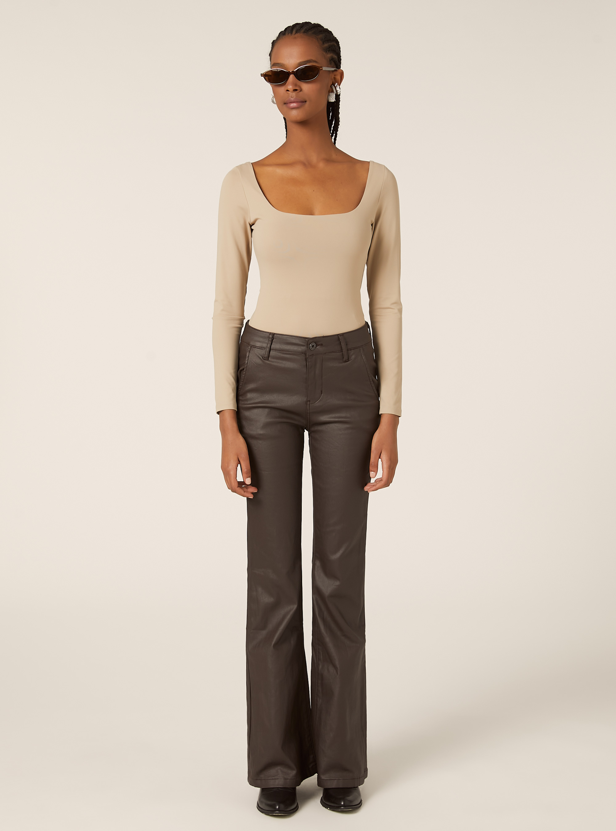 Pantaloni ecopelle flare, BR2 BROWN MEDIUM