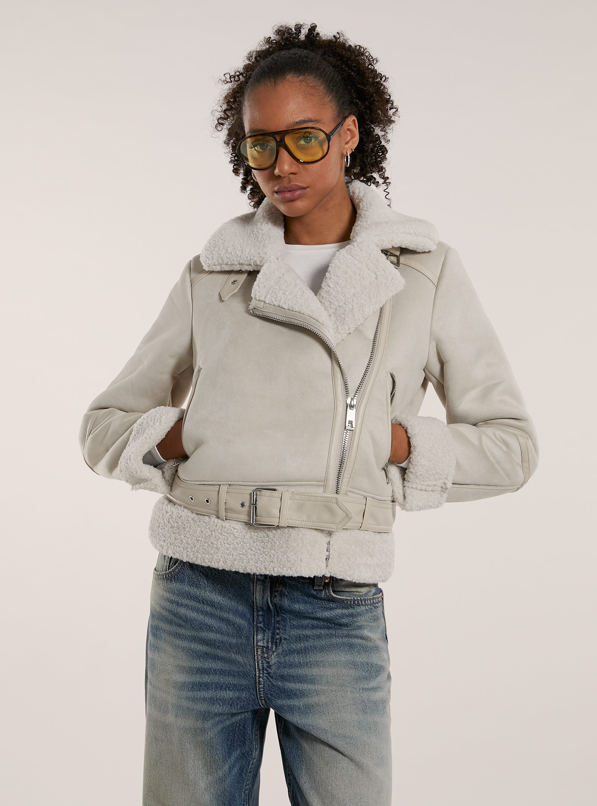 Suede-effect sheepskin jacket, SA2 SAND MEDIUM