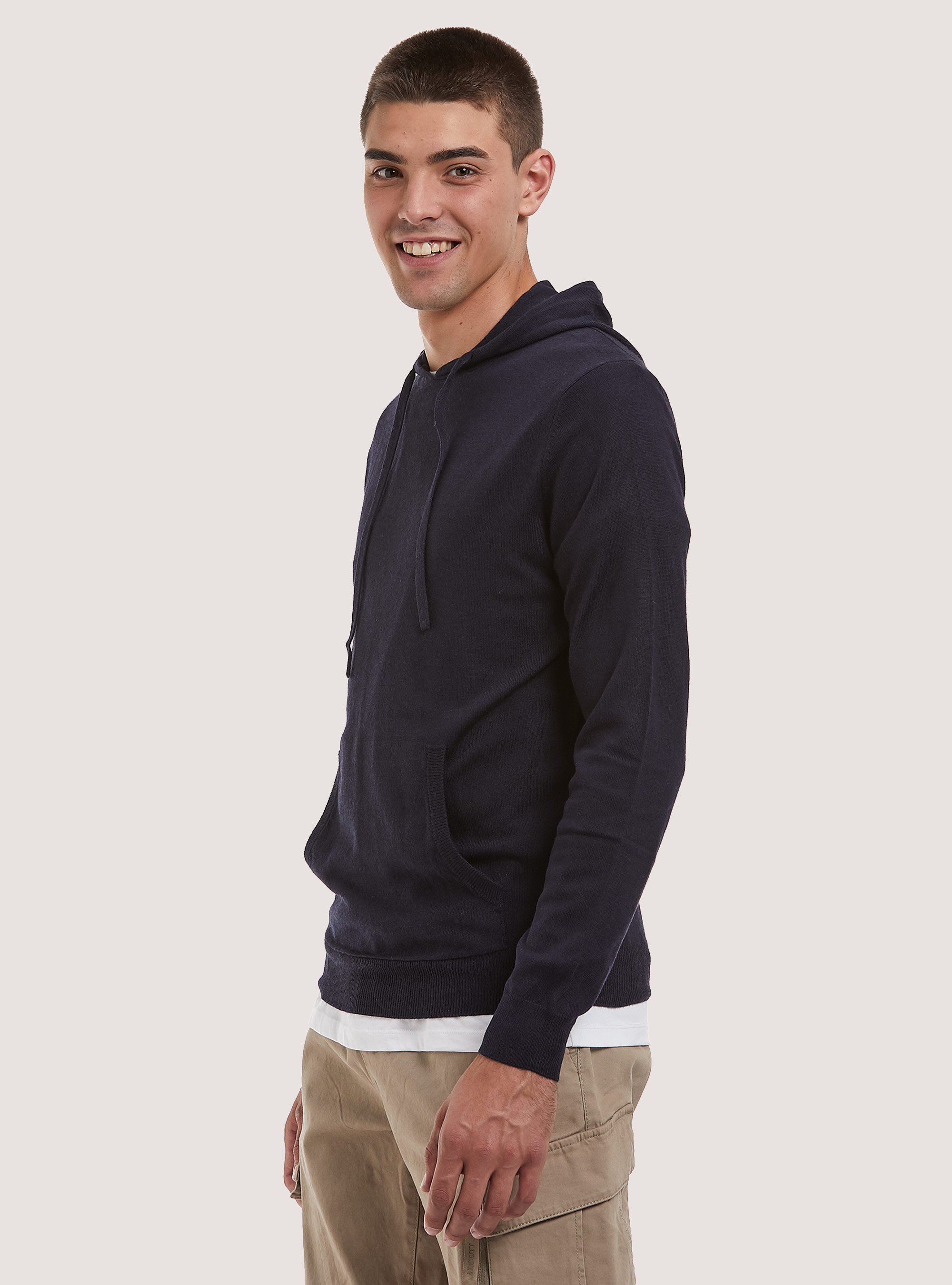 Pullover fine con cappuccio soft touch, NA1 NAVY DARK