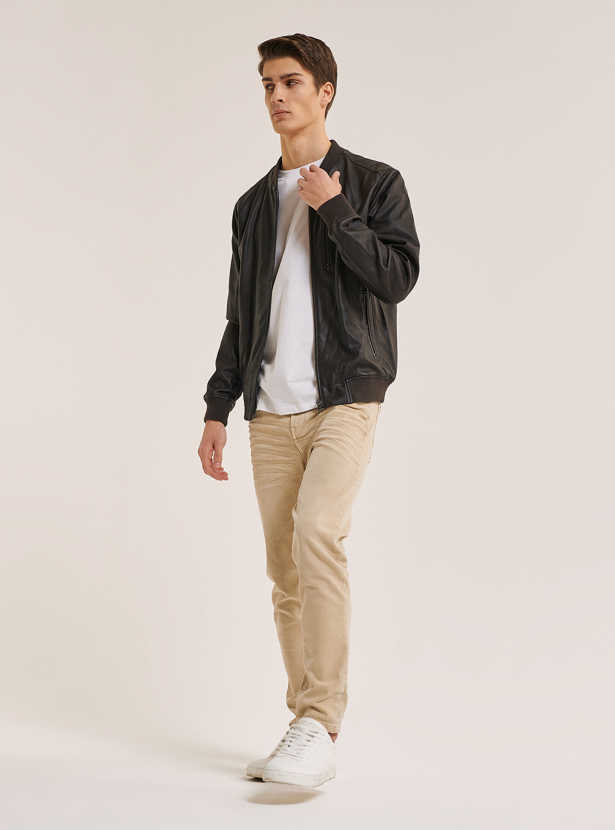 Jacket with leather effect zipper, BROWN