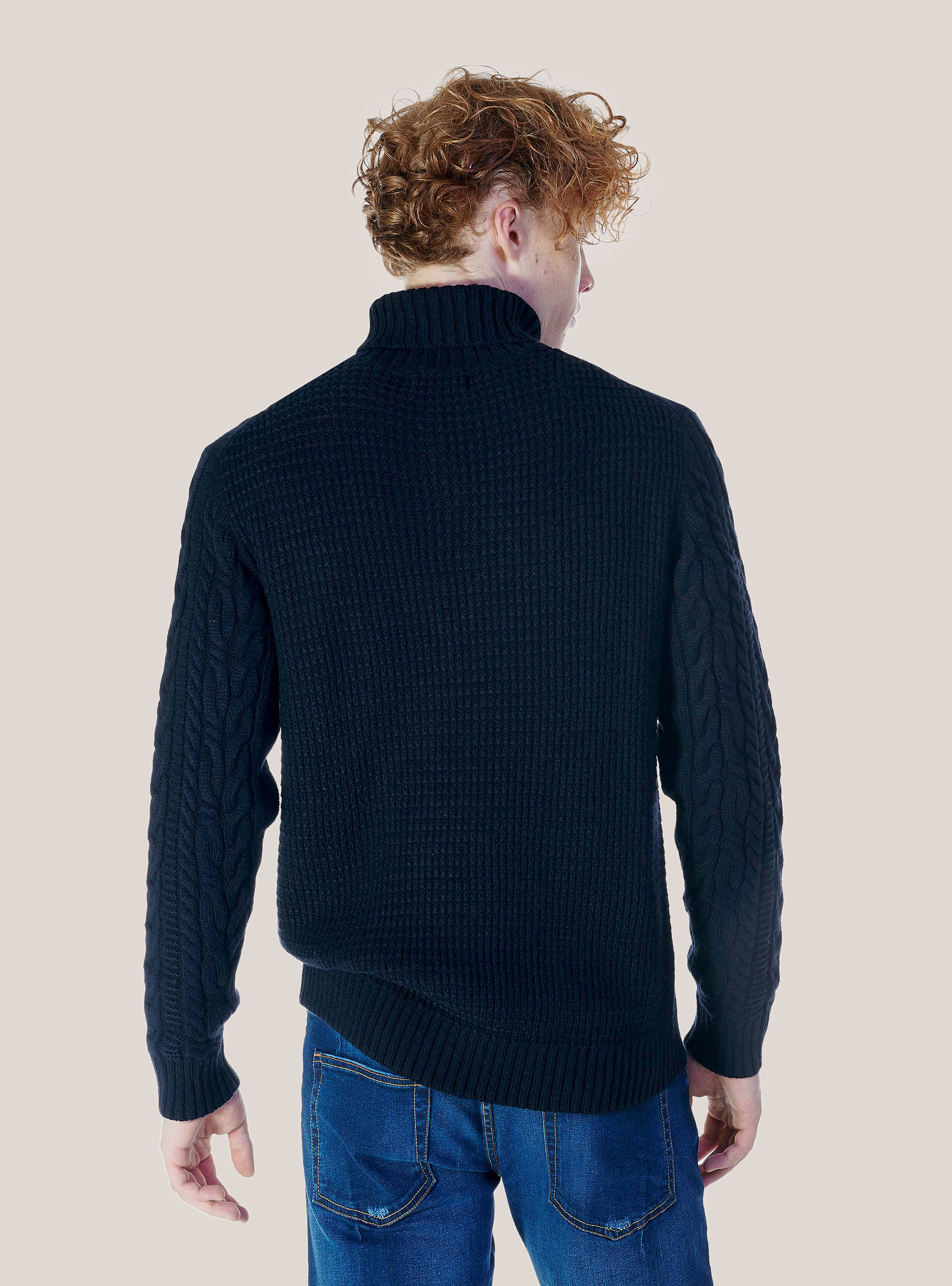 Pullover collo alto con trecce, BLU MARINO