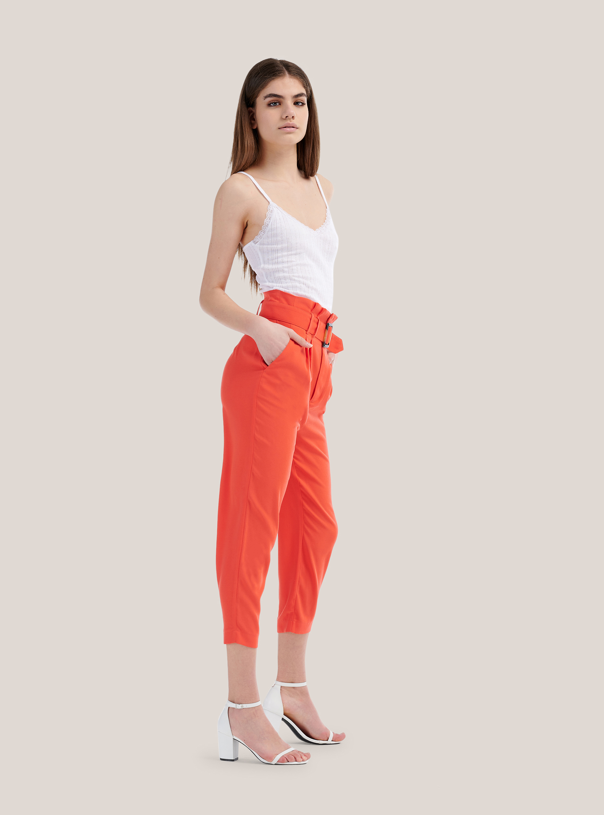 Pantalon paperbag avec ceinture coupe confort, C3382 DARK ORANGE