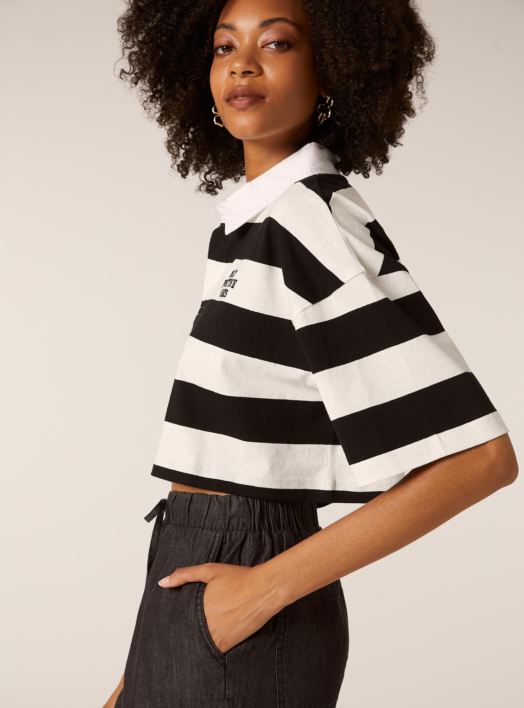 Striped cropped polo shirt, BK1 BLACK