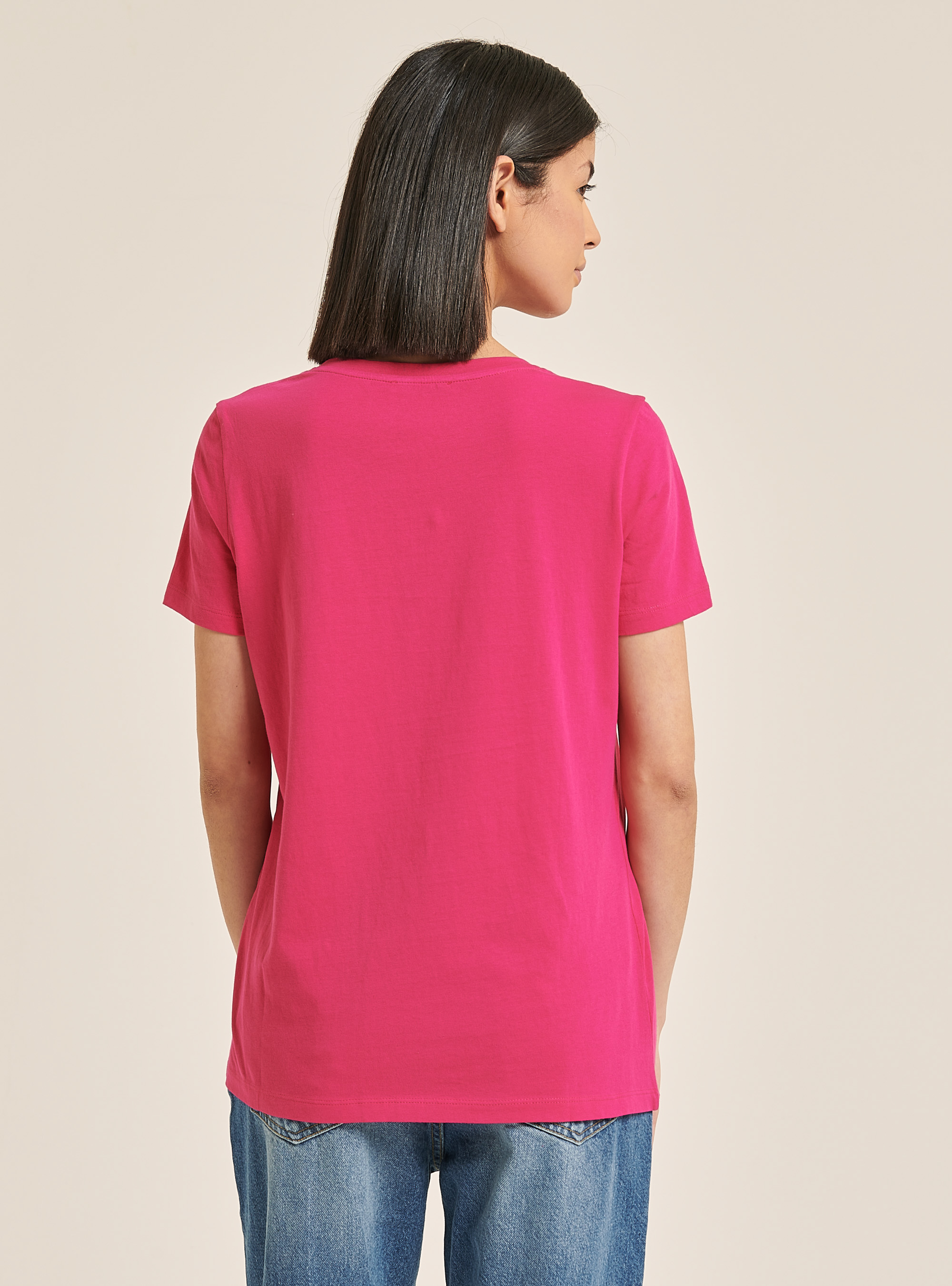 Baumwoll T-Shirt mit V-Ausschnitt, C4435 FUXIA