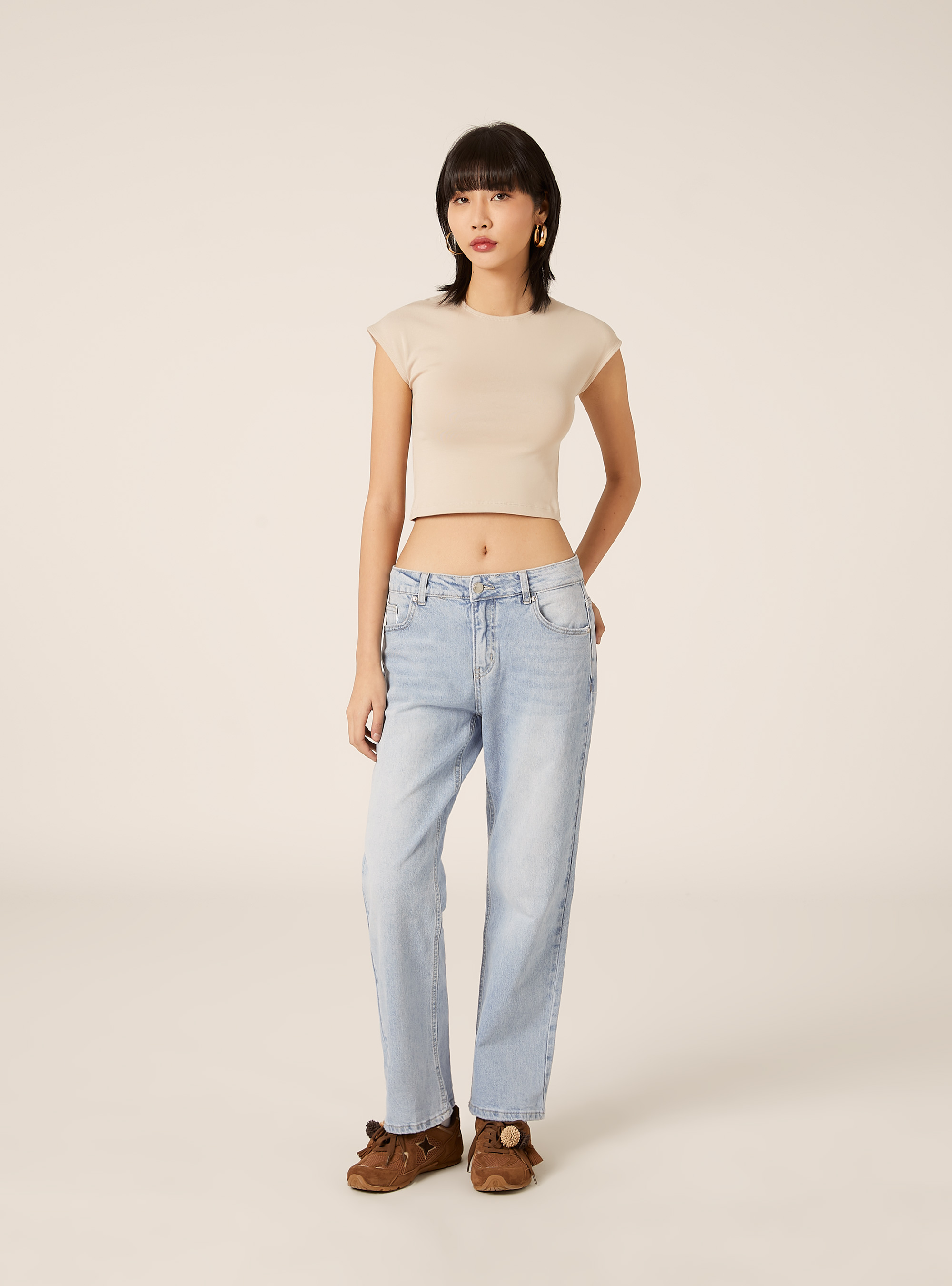 T-shirt crop con con maniche ad aletta, BG2 BEIGE MEDIUM