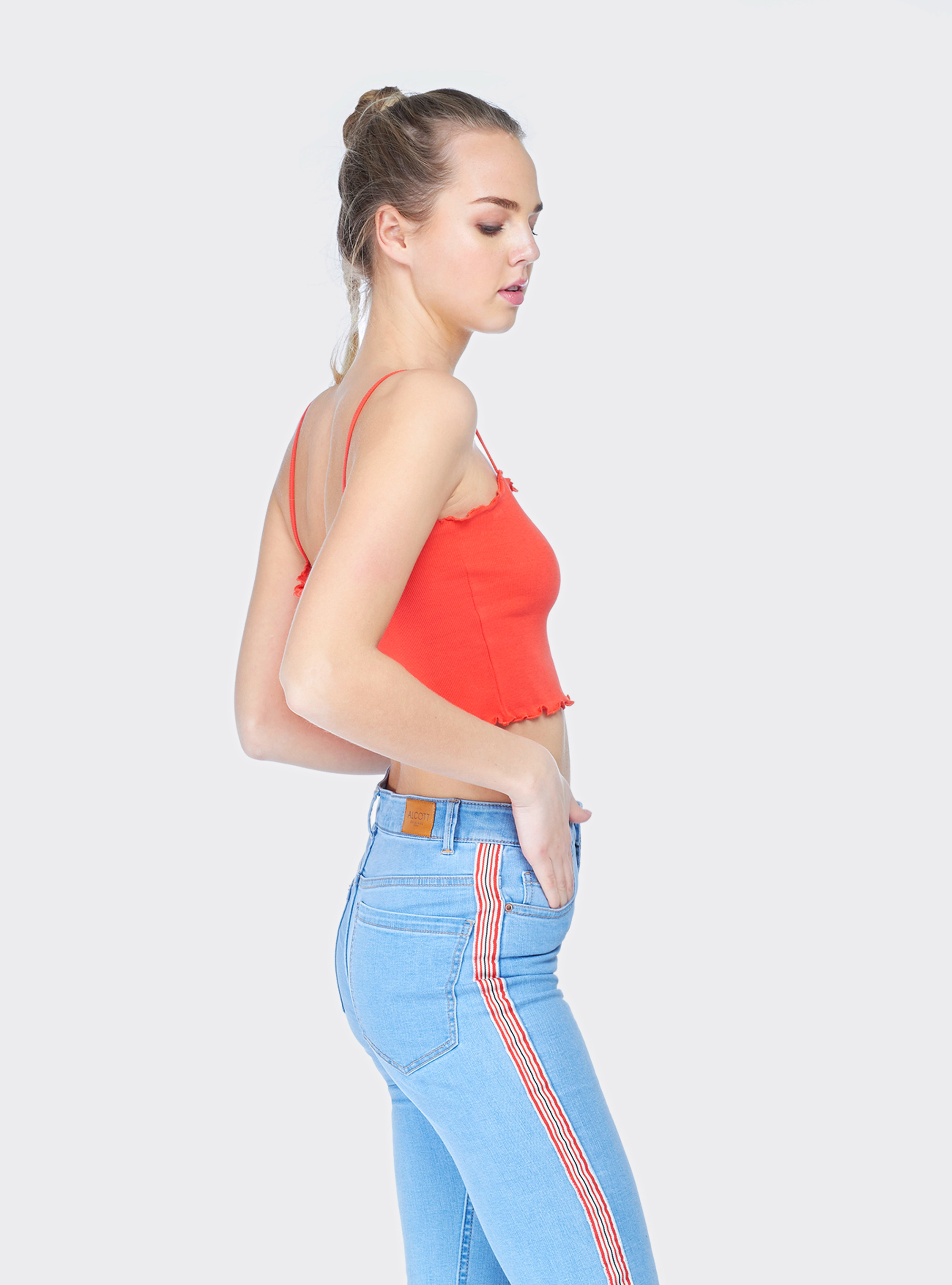 Cropped top a costina in cotone elasticizzato e rouche, C0045 CORAL