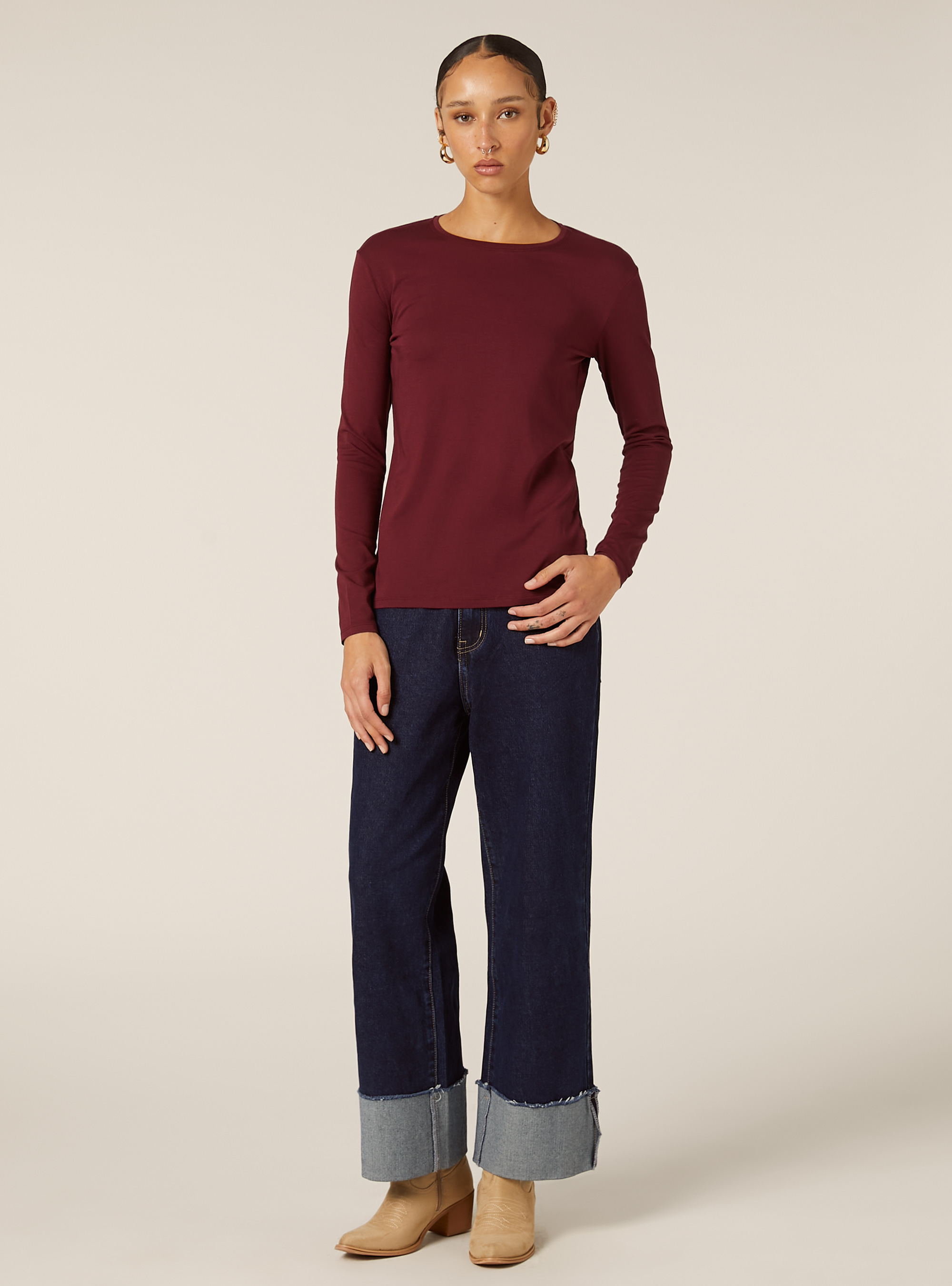 Camiseta básica de manga larga, BO2 BORDEAUX MEDIUM