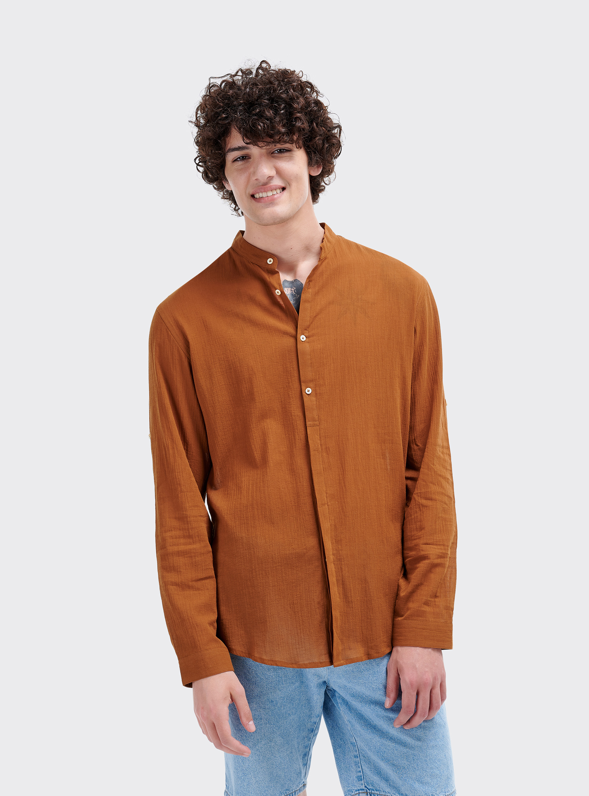 Camicia collo coreano manica lunga, C5573 TOBACCO