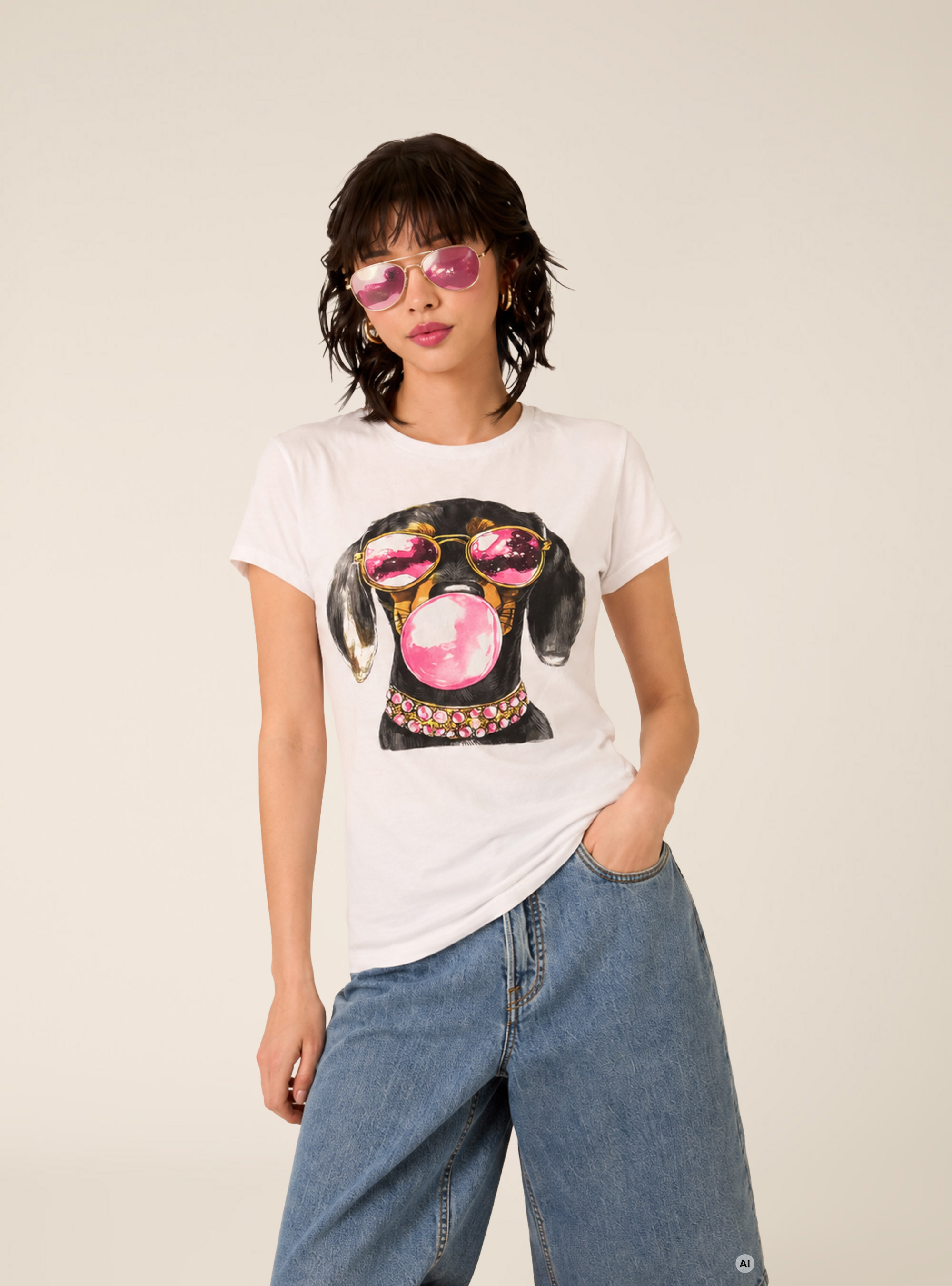 T-shirt regular con stampa cane, WH3 WHITE