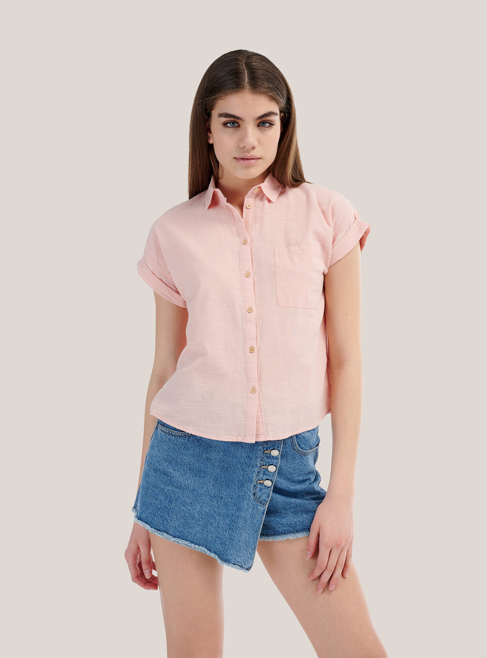 Oversized short-sleeved shirt in fresh cotton, C4447 PINK