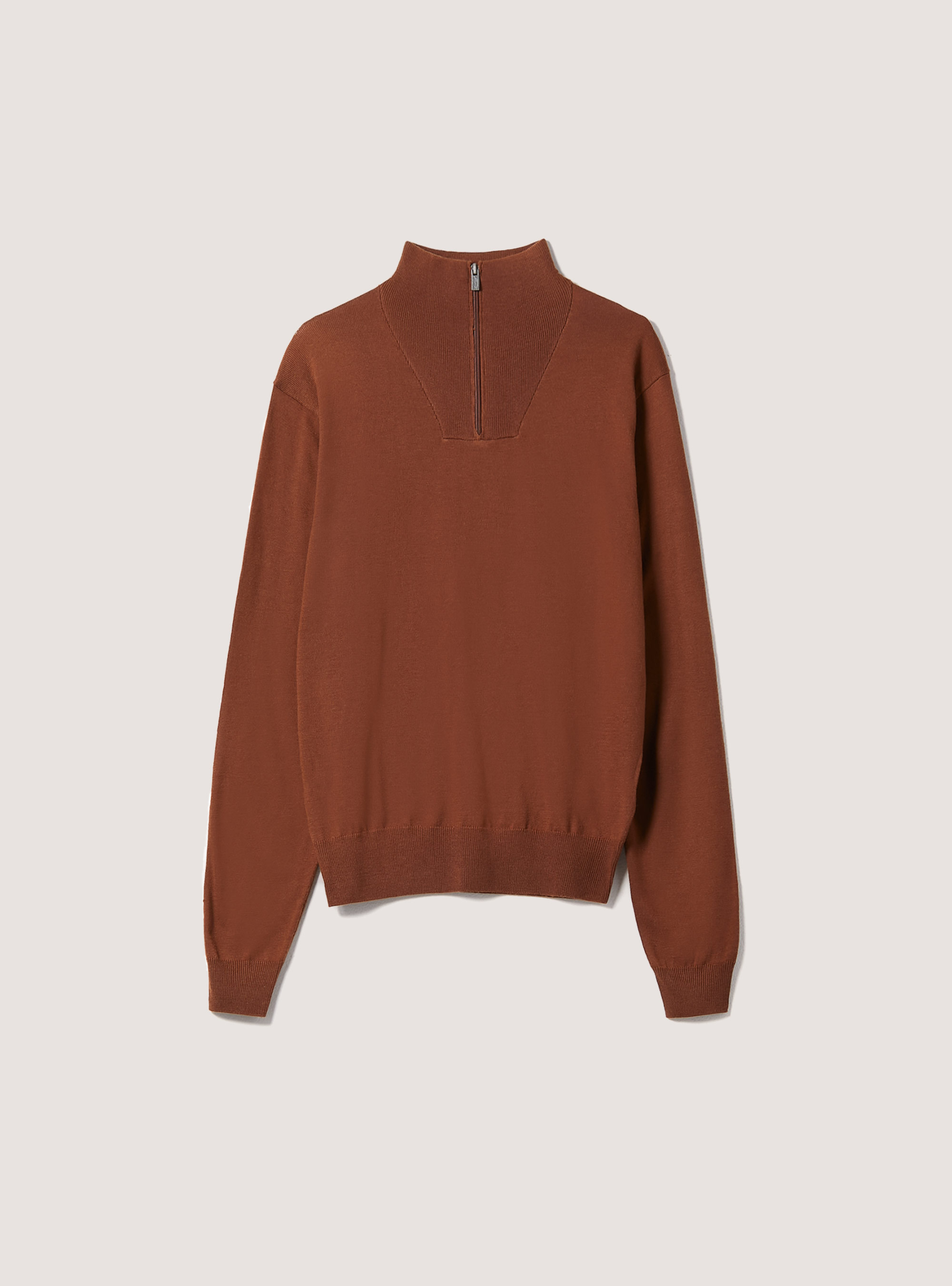 Merino wool zip half-neck pullover, TB1 TOBACCO DARK