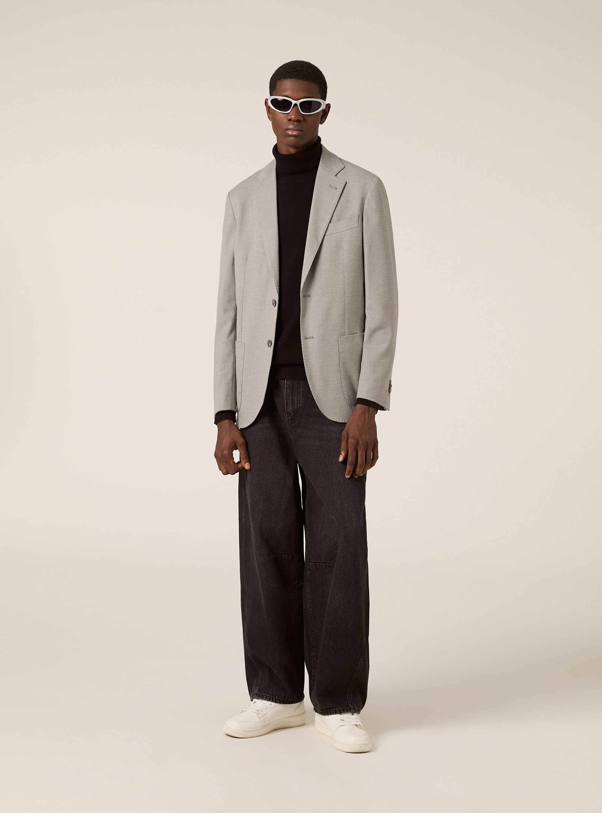 Giacca monopetto con tasca a toppa in miso lana, MGY3 GREY MEL LIGHT