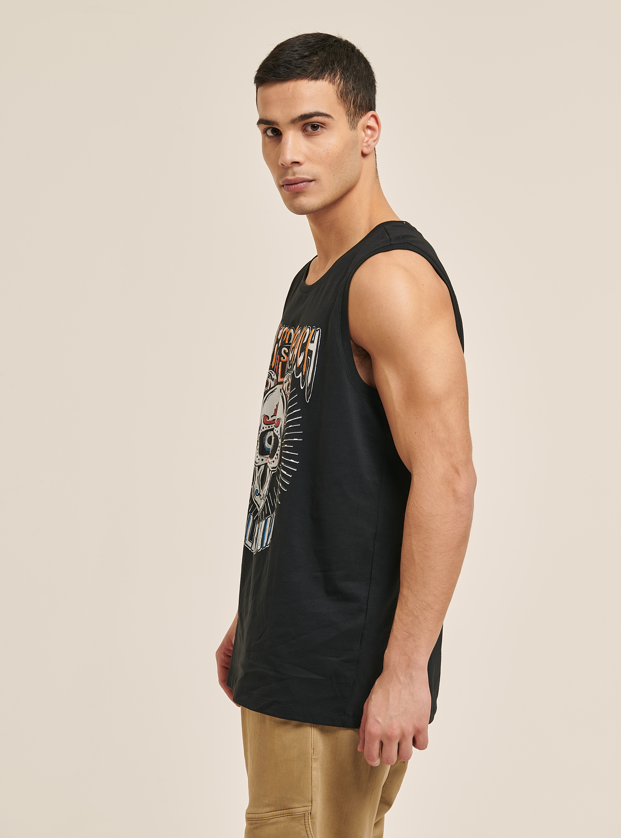 Cotton skull print tank top, BLACK