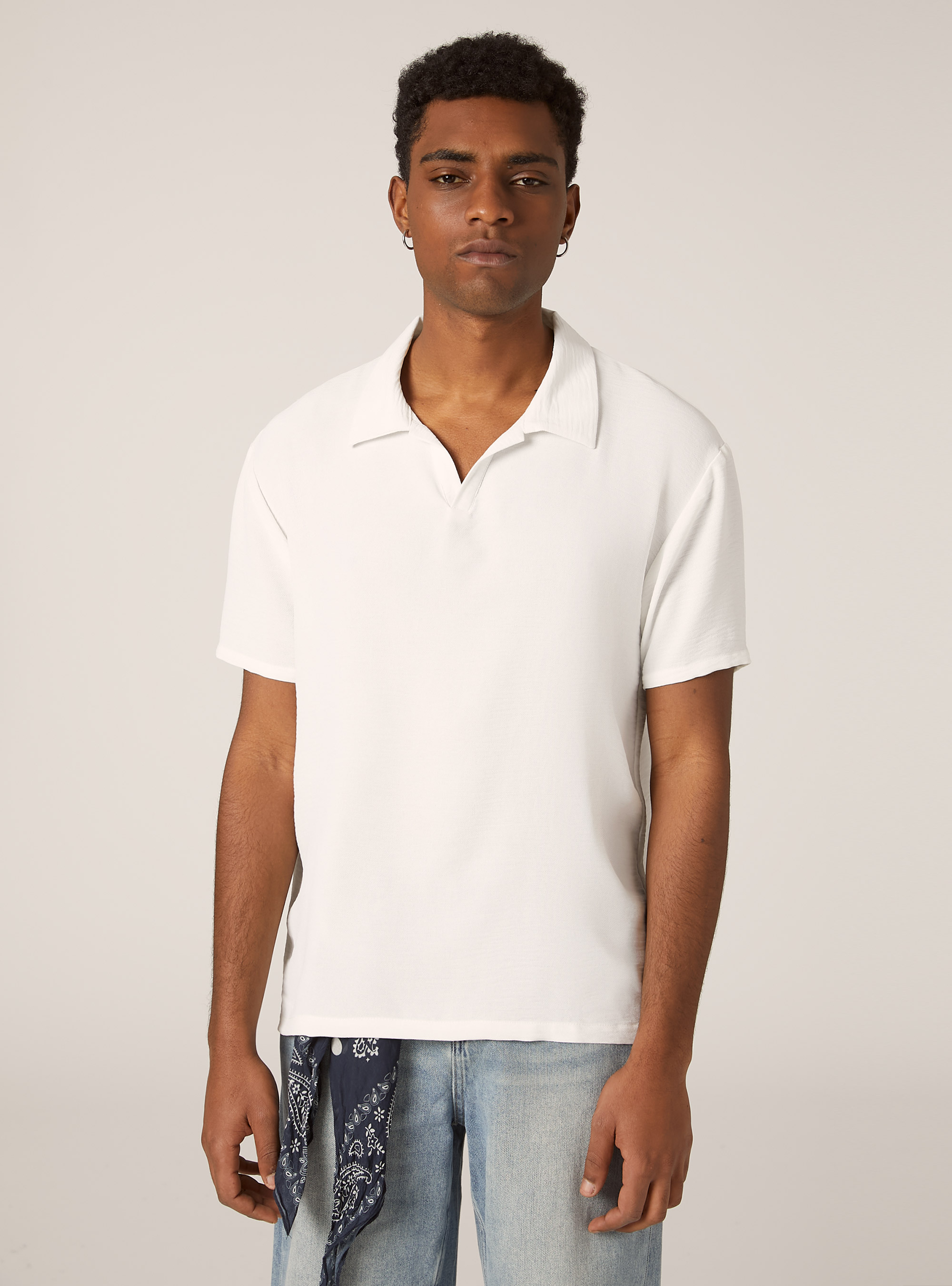 Crepe polo shirt with open collar, WH2 WHITE