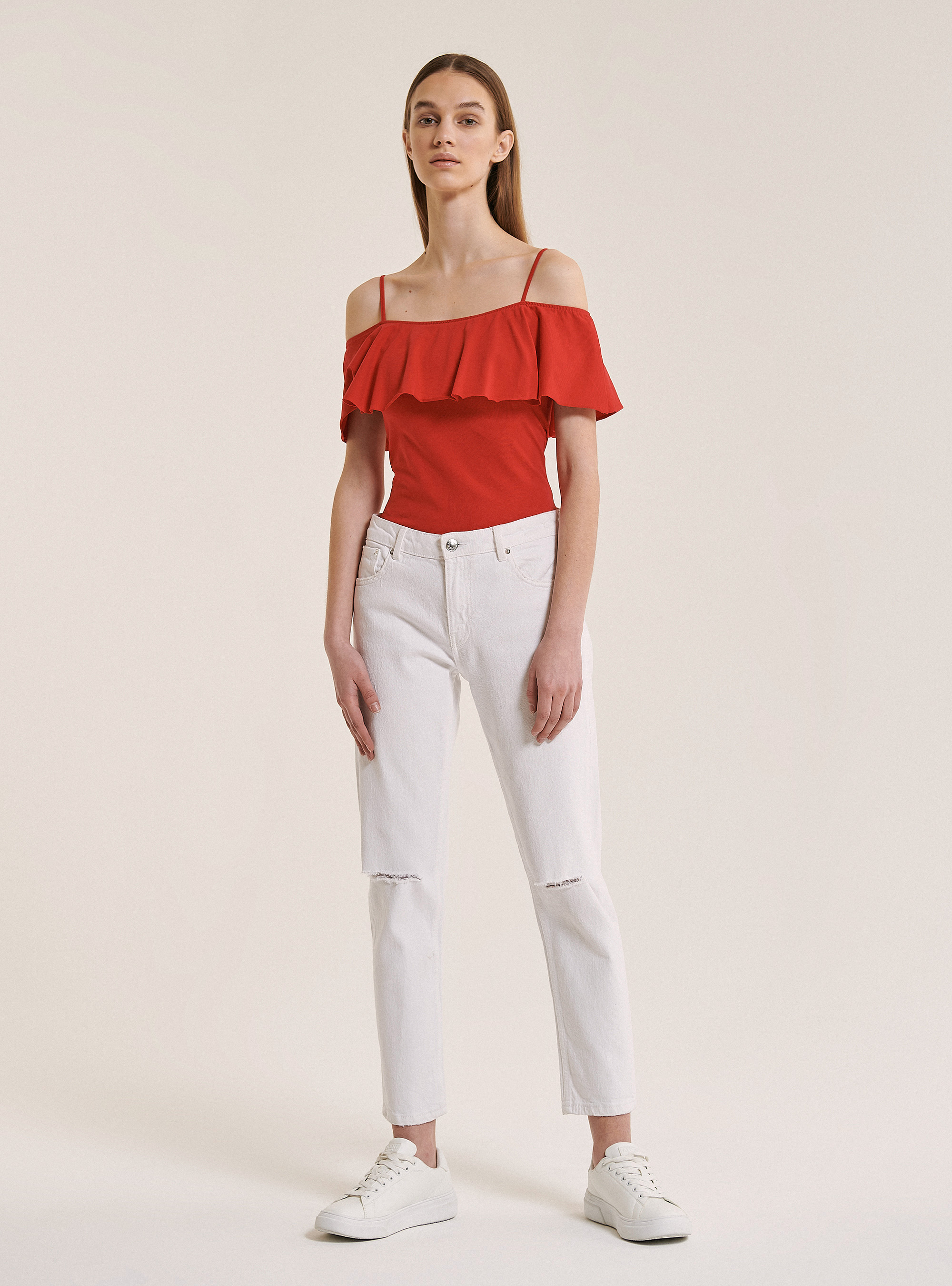 Cotton bodysuit with ruffles, C3376 RED