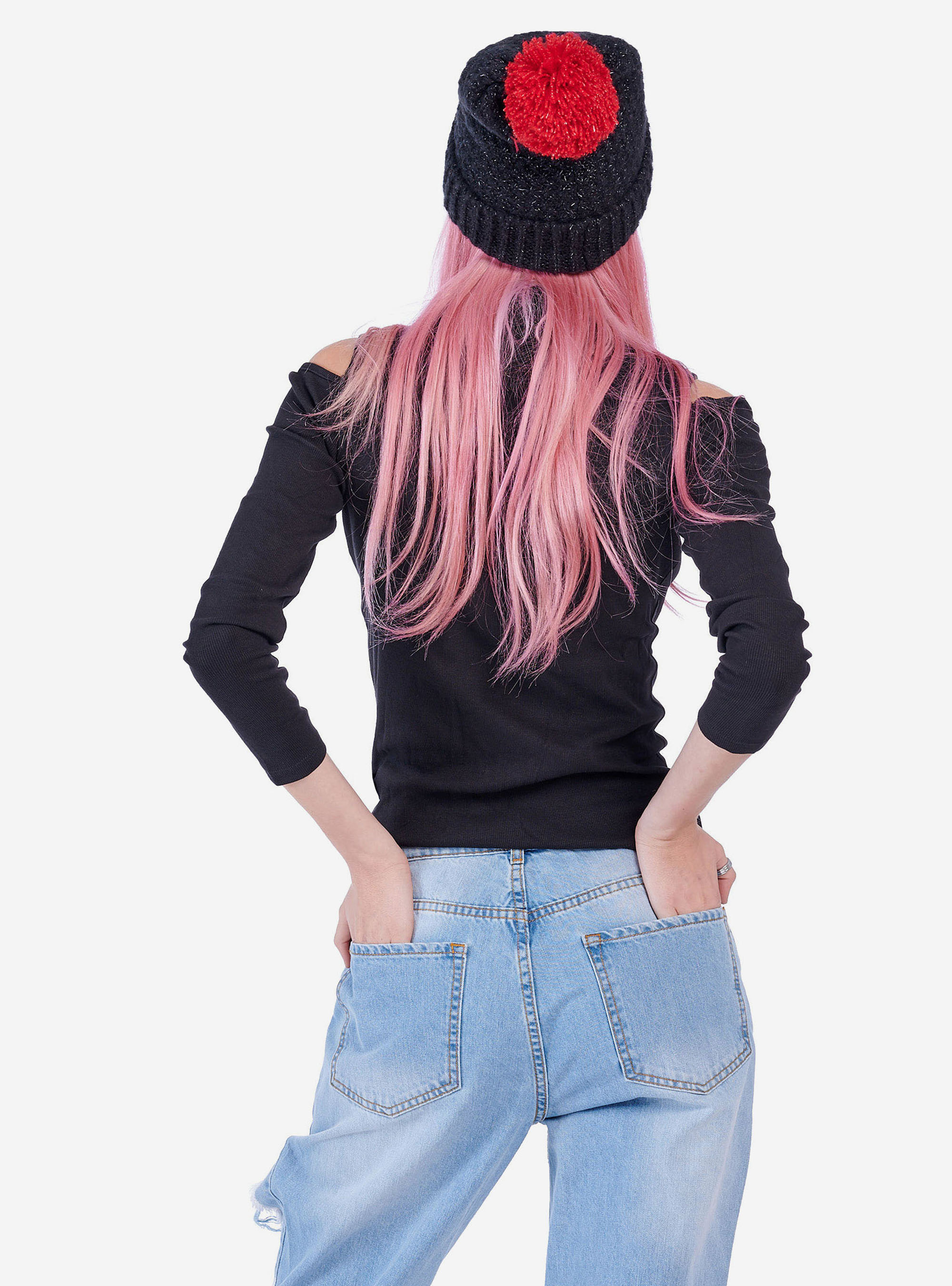 HIGH NECK SWEATER WITH BARE SHOULDERS, BLACK