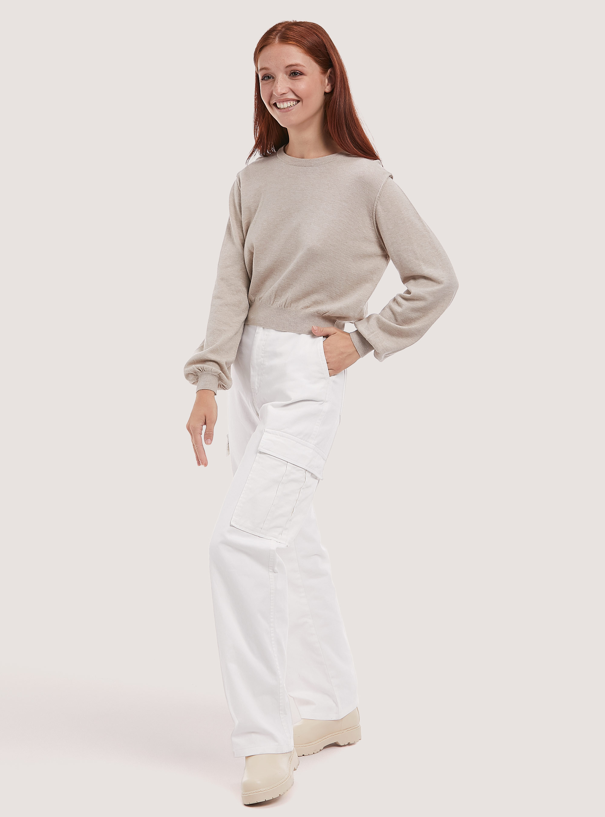 Cropped pullover with puff sleeves, C0580 BEIGE MELANGE