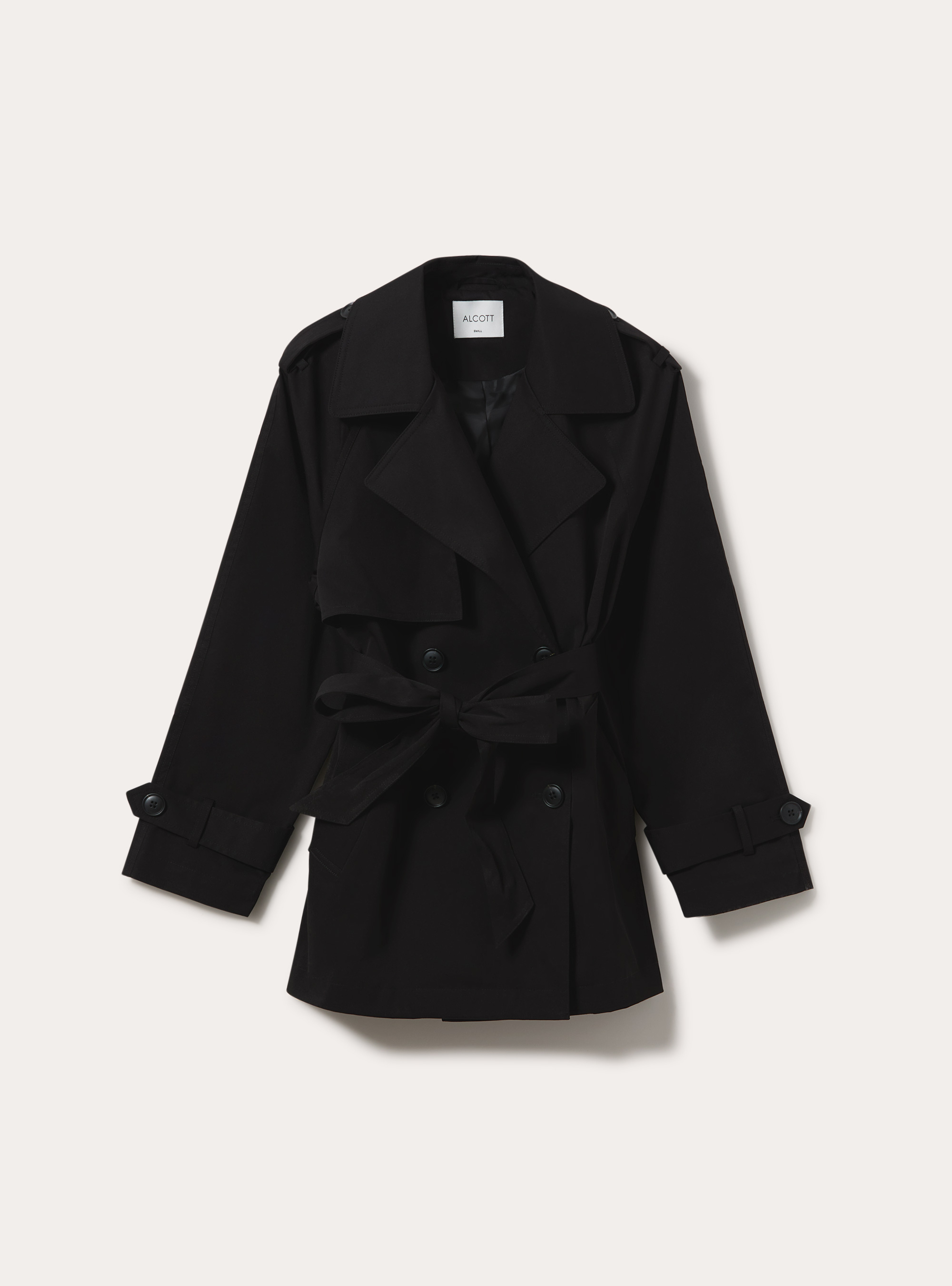 Short Double-Breasted Belted Trench Coat, BK1 BLACK