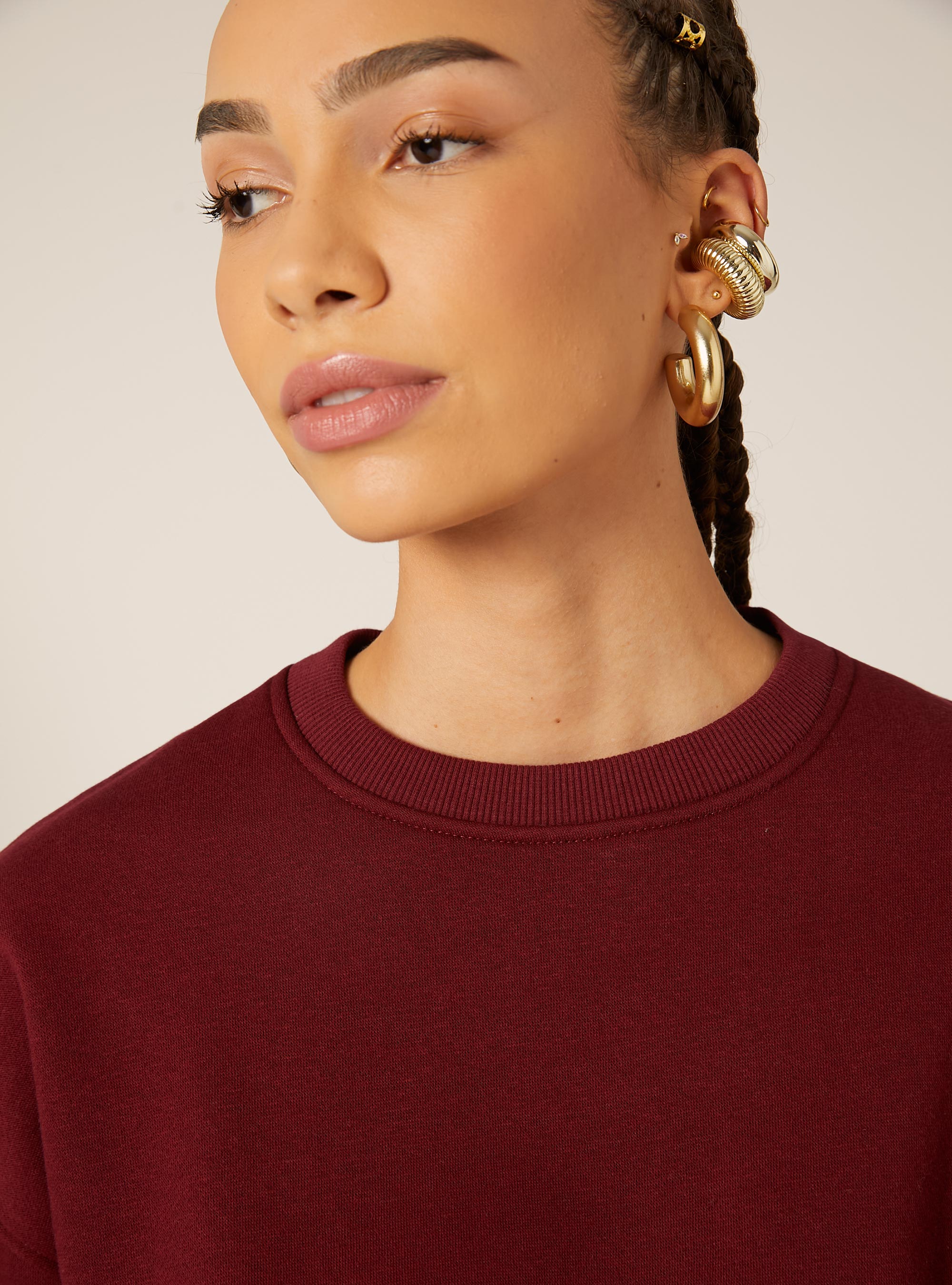 Felpa girocollo in cotone crop, BO1 BORDEAUX DARK