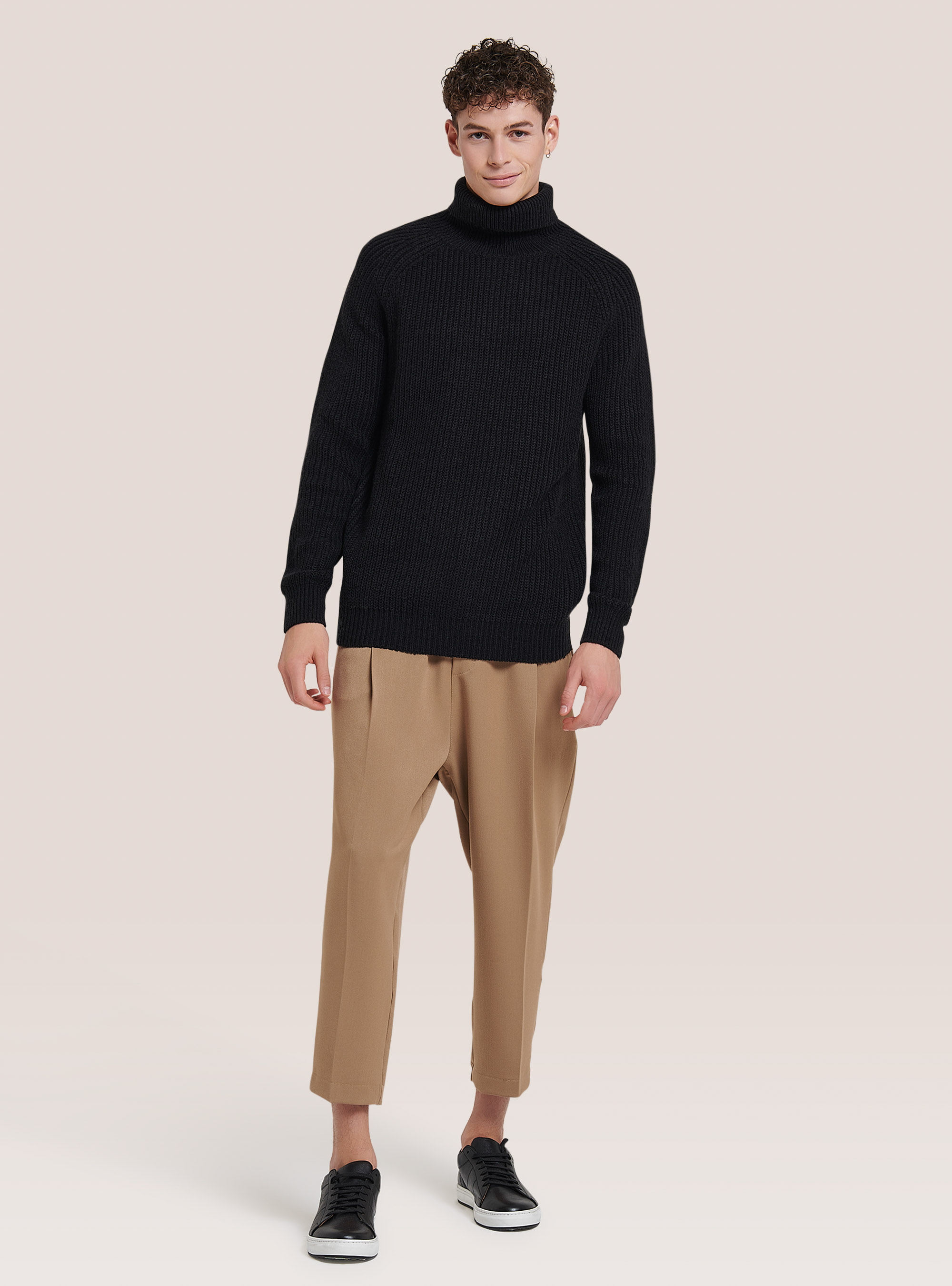 Pullover caldo collo alto a coste inglesi, BK1 BLACK