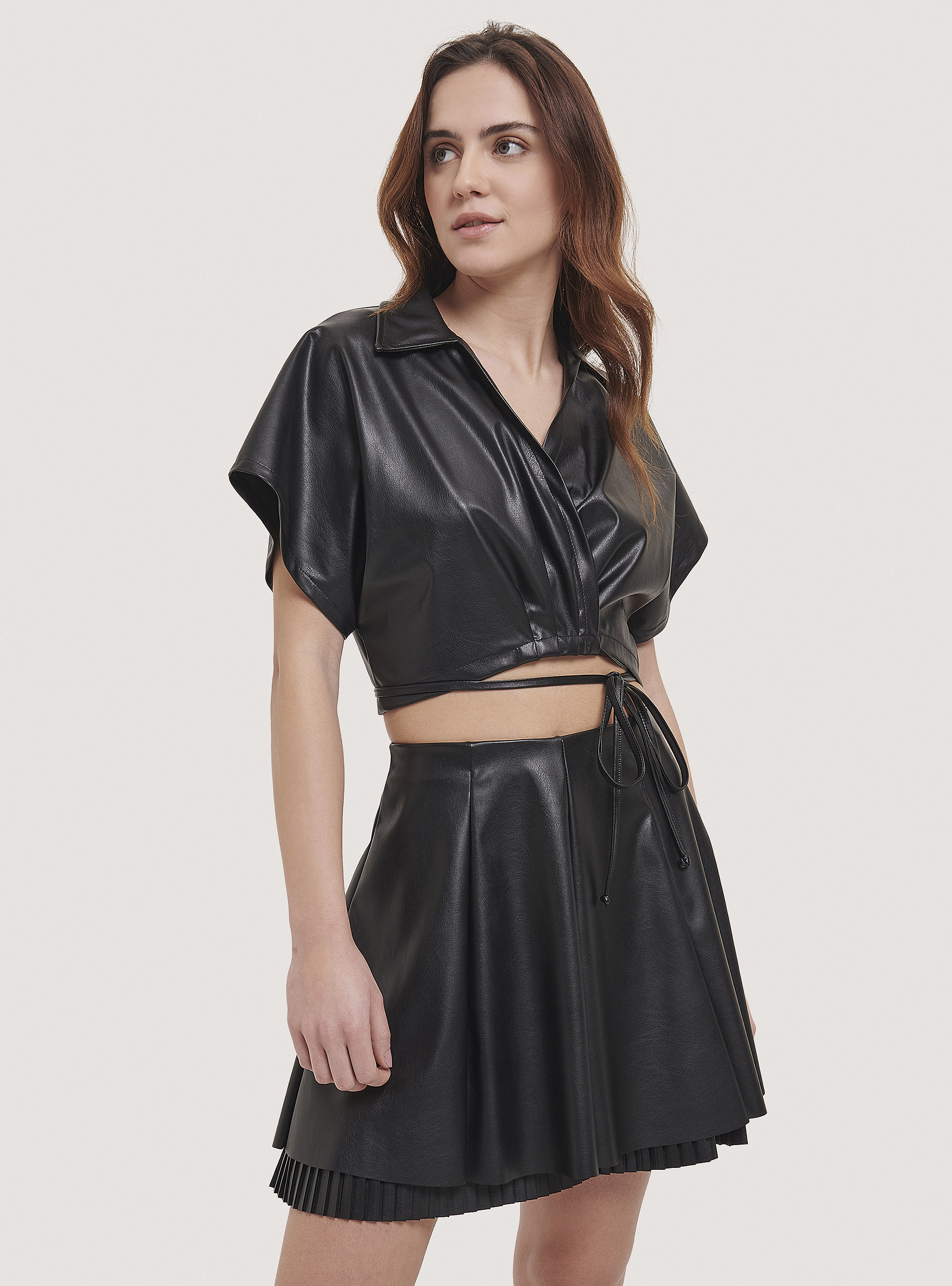 Faux leather lace up top, BLACK