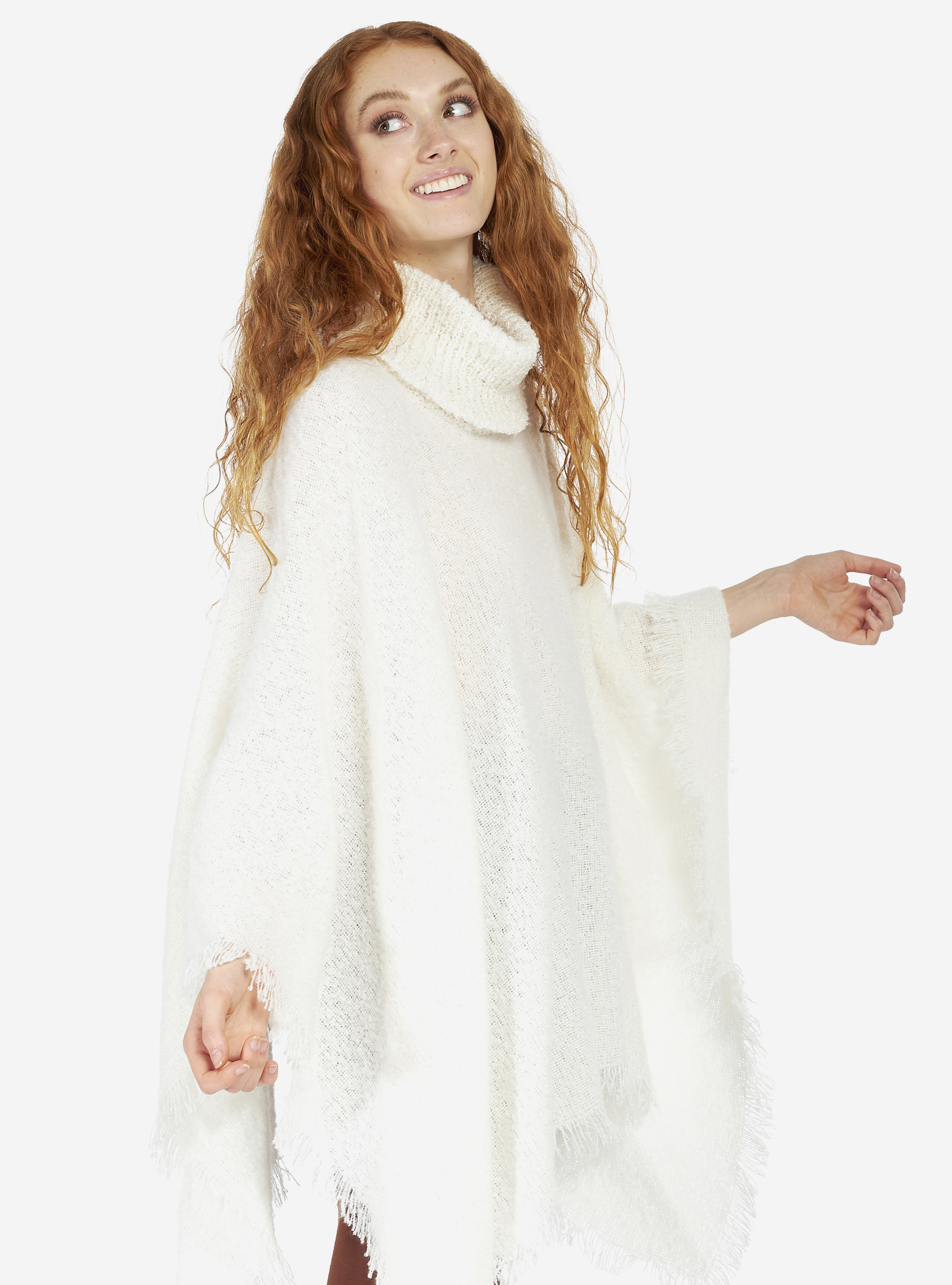 PONCHO WITH HIGH COLLAR, OFF-WHITE