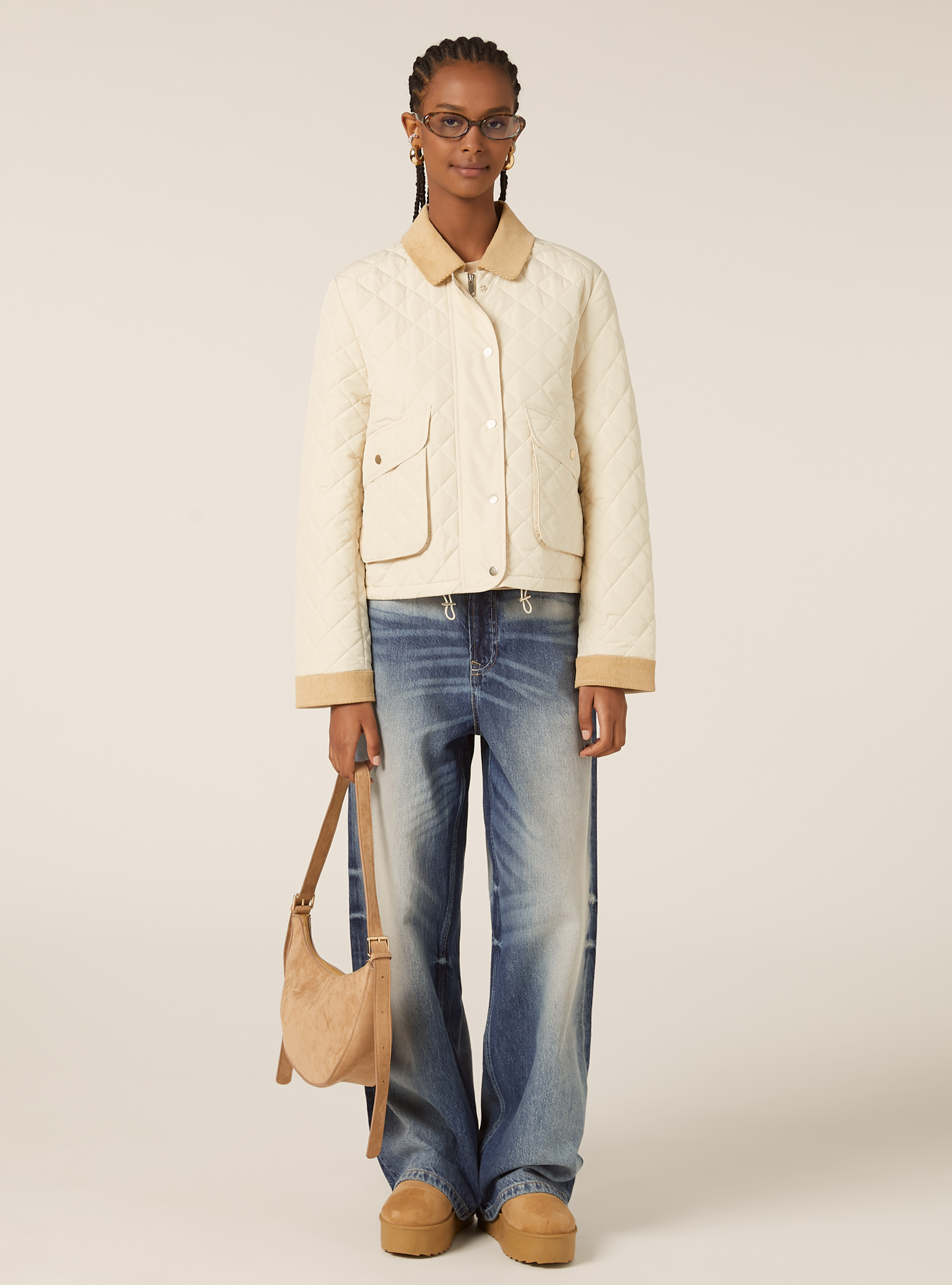 Chaqueta acolchada con cuello de terciopelo, BG3 BEIGE LIGHT