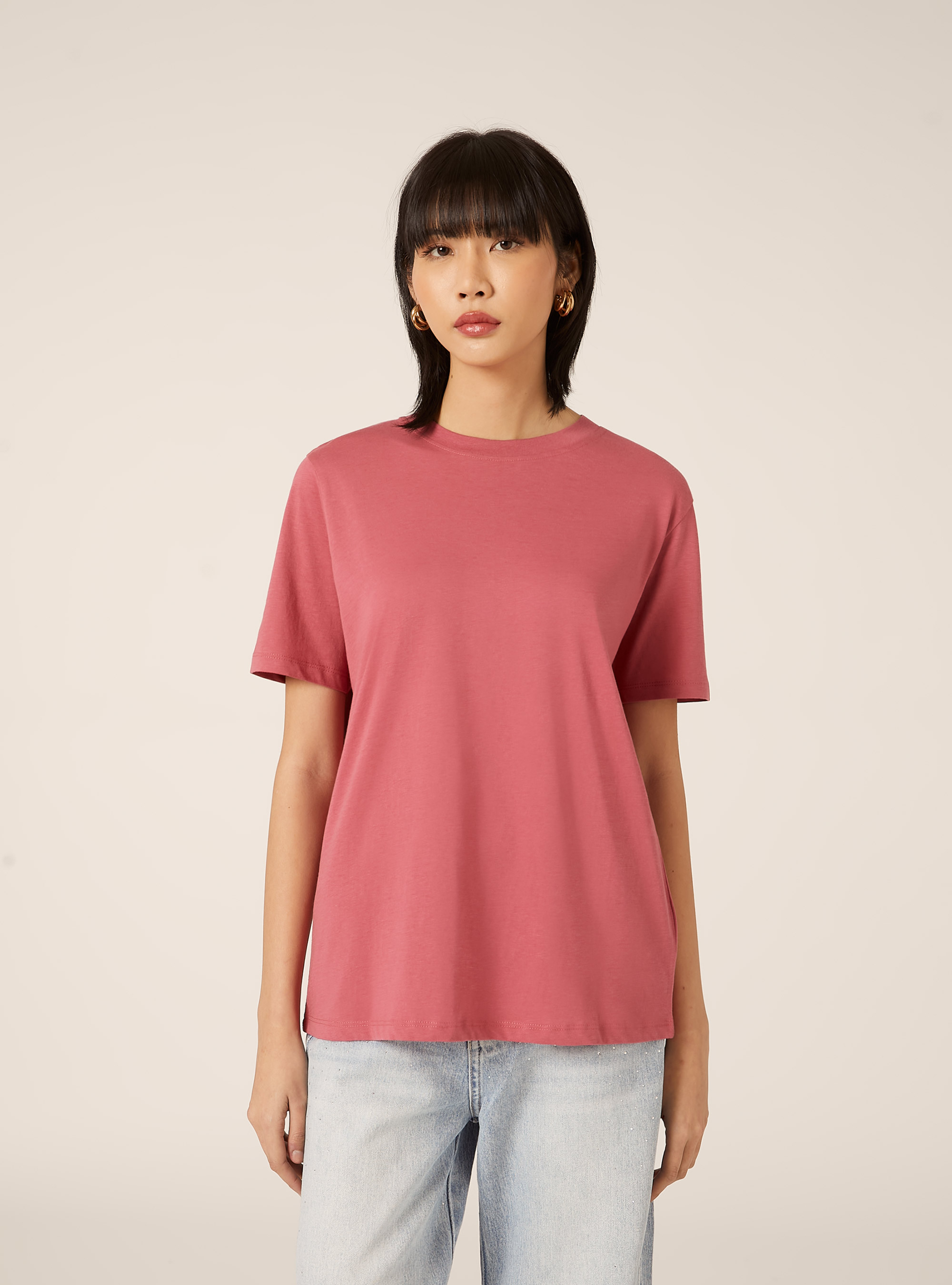 Cotton crew neck T-shirt, PK1 PINK DARK