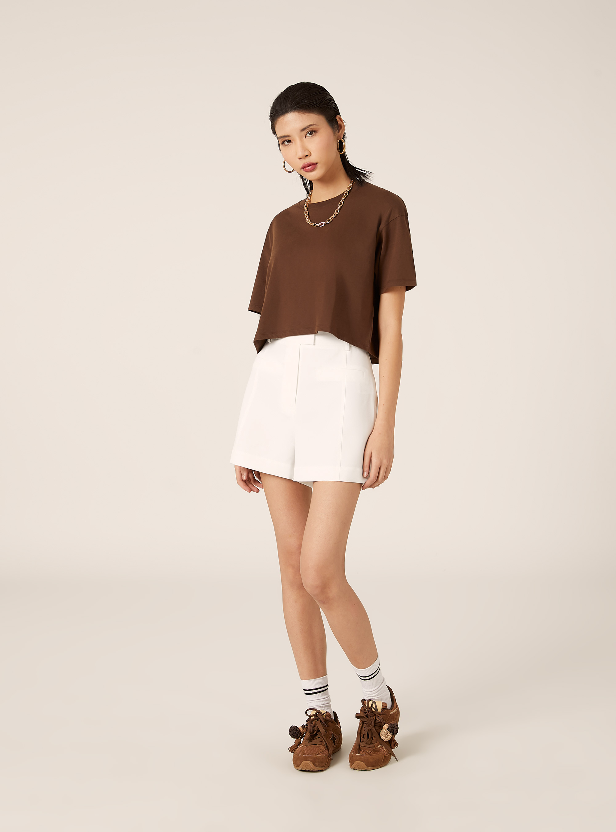 T-shirt crop over tinta unita, BR2 BROWN MEDIUM