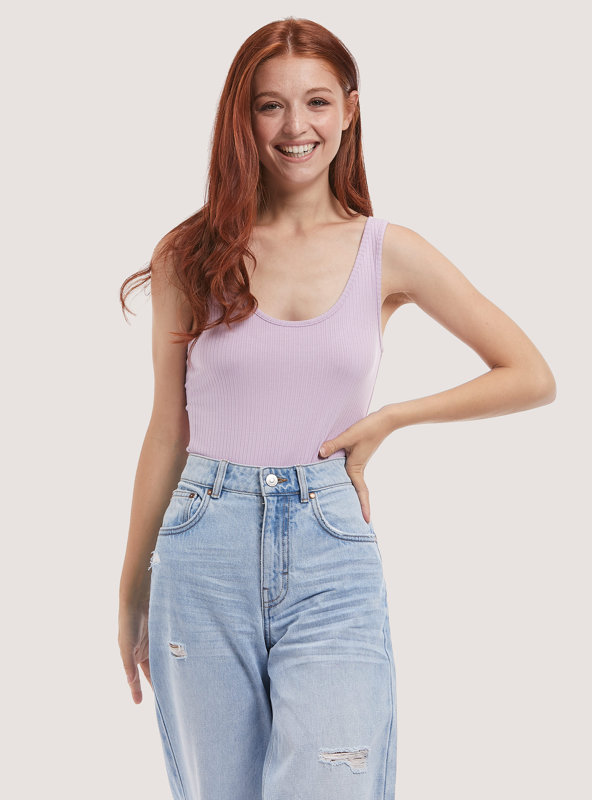 Basic ribbed cotton bodysuit, C4546 LILLAC